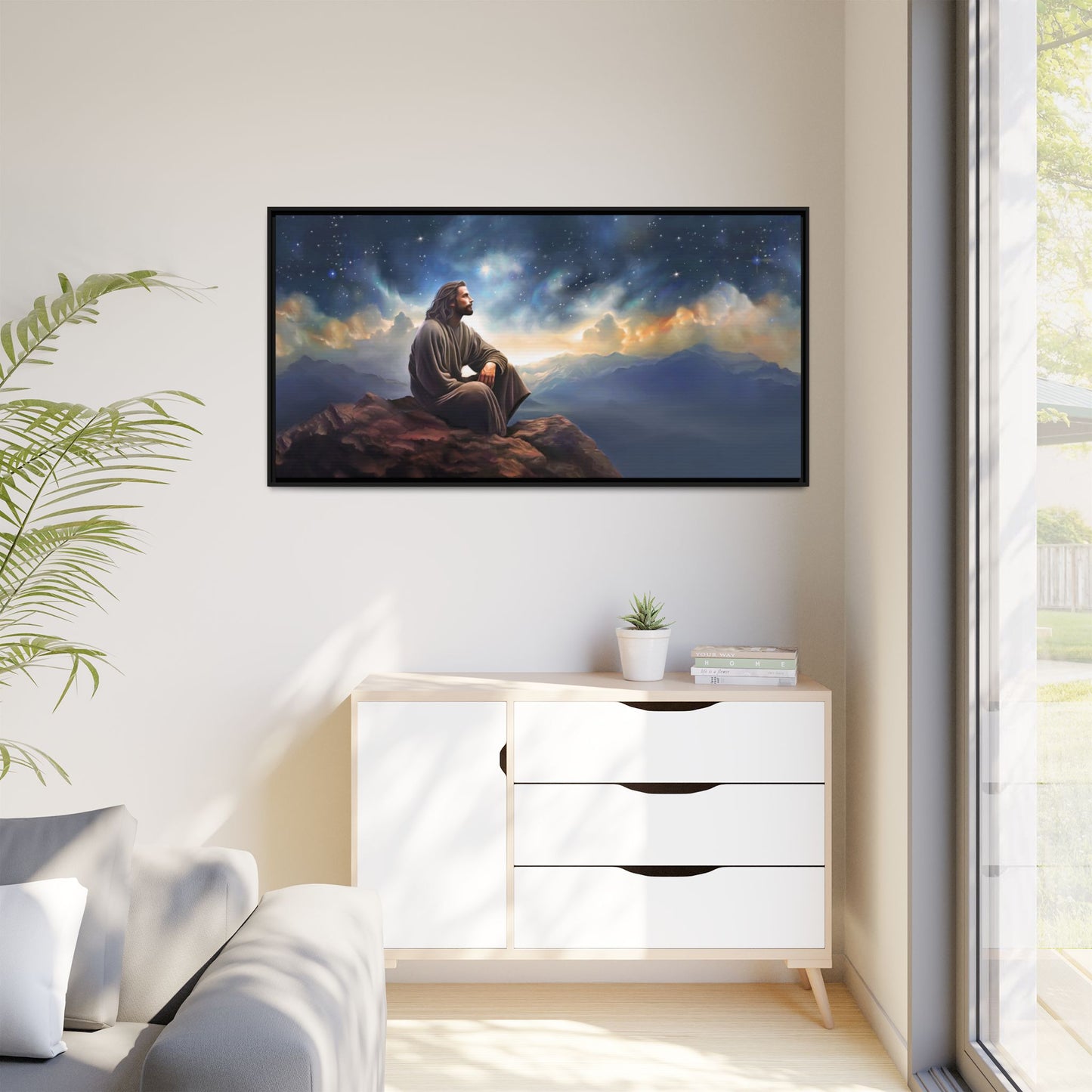 Jesus with The Stars, Canvas Print Art Framed, Jesus Christ Handmade Artwork, Deep Meditative Christian Gift