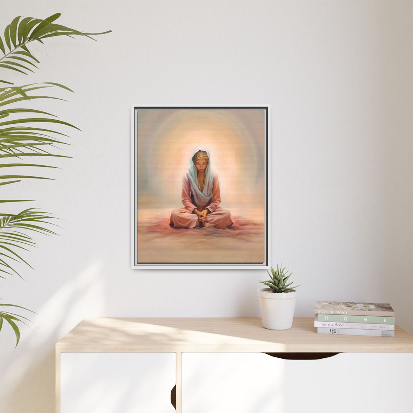 Stillness Framed Canvas Wall Art, Serene Meditation Decor, Spiritual Mindfulness Gift, Tranquil Room Accent, Woman Religious Art
