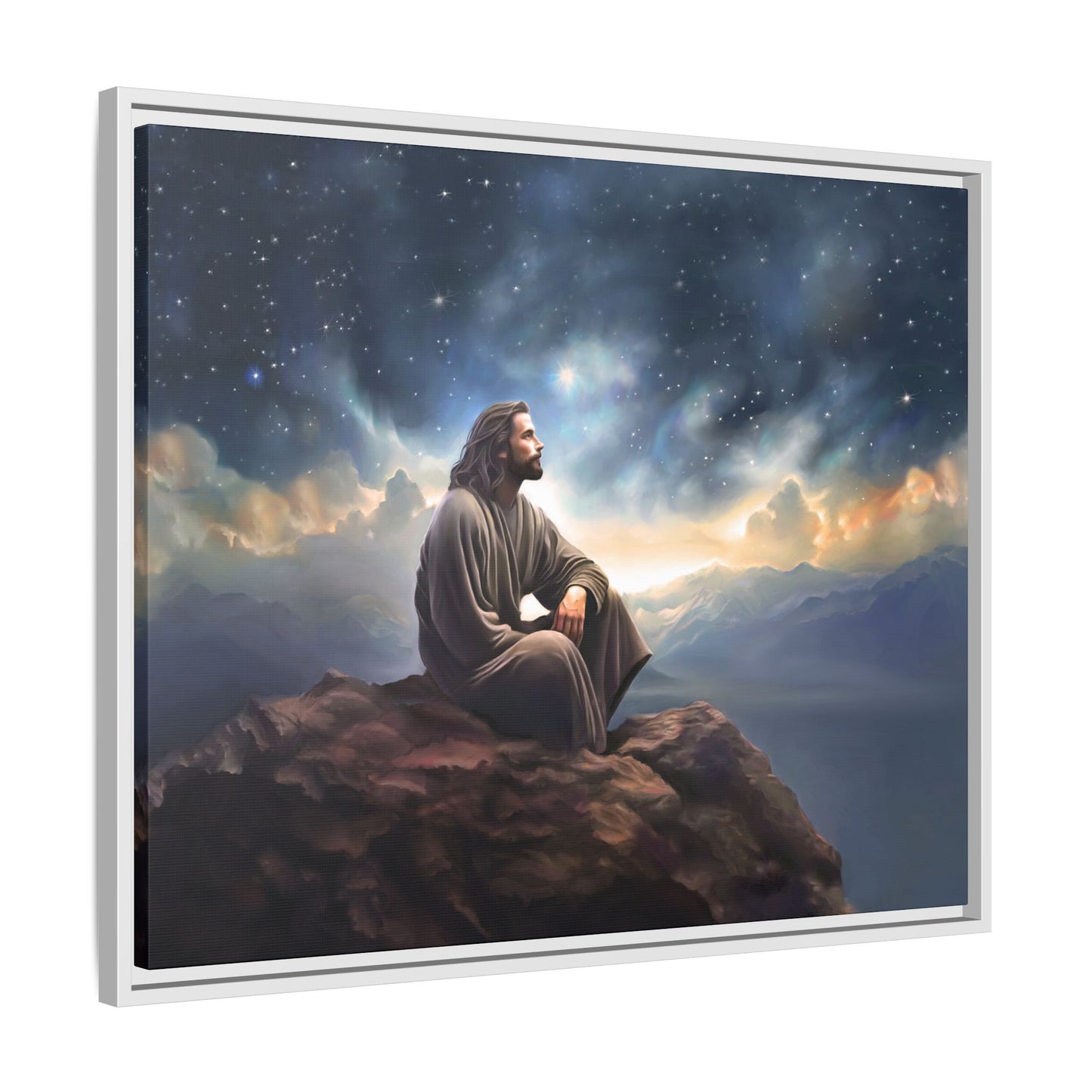 Jesus with The Stars, Canvas Print Art Framed, Jesus Christ Handmade Artwork, Deep Meditative Christian Gift