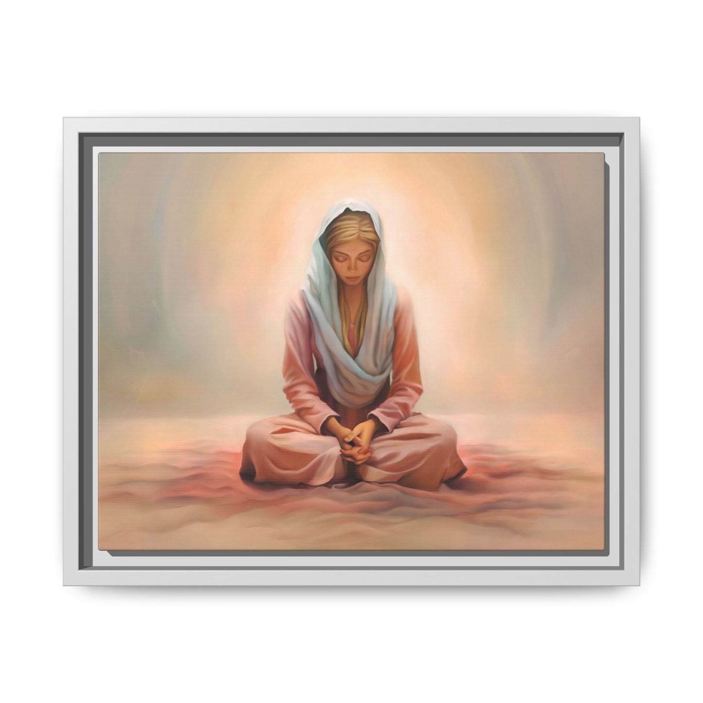 Stillness Framed Canvas Wall Art, Serene Meditation Decor, Spiritual Mindfulness Gift, Tranquil Room Accent, Woman Religious Art