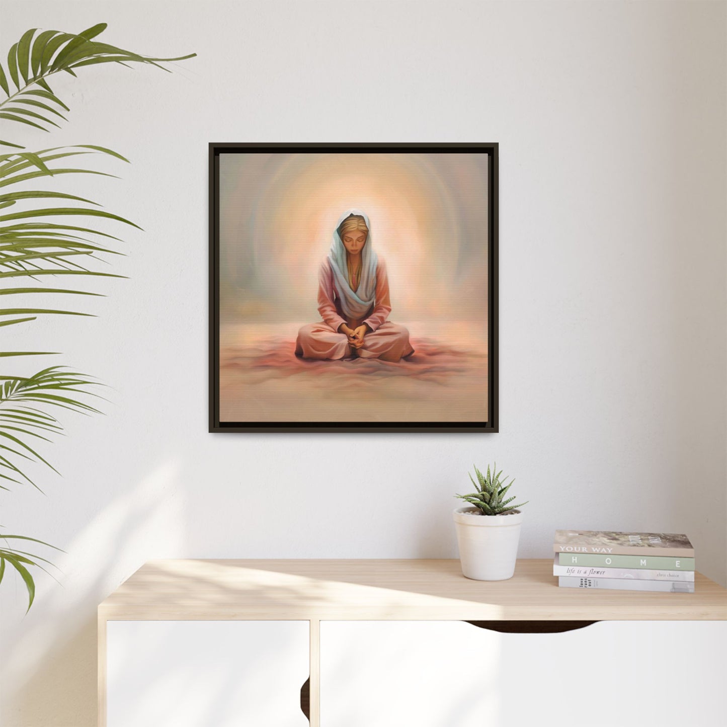 Stillness Framed Canvas Wall Art, Serene Meditation Decor, Spiritual Mindfulness Gift, Tranquil Room Accent, Woman Religious Art