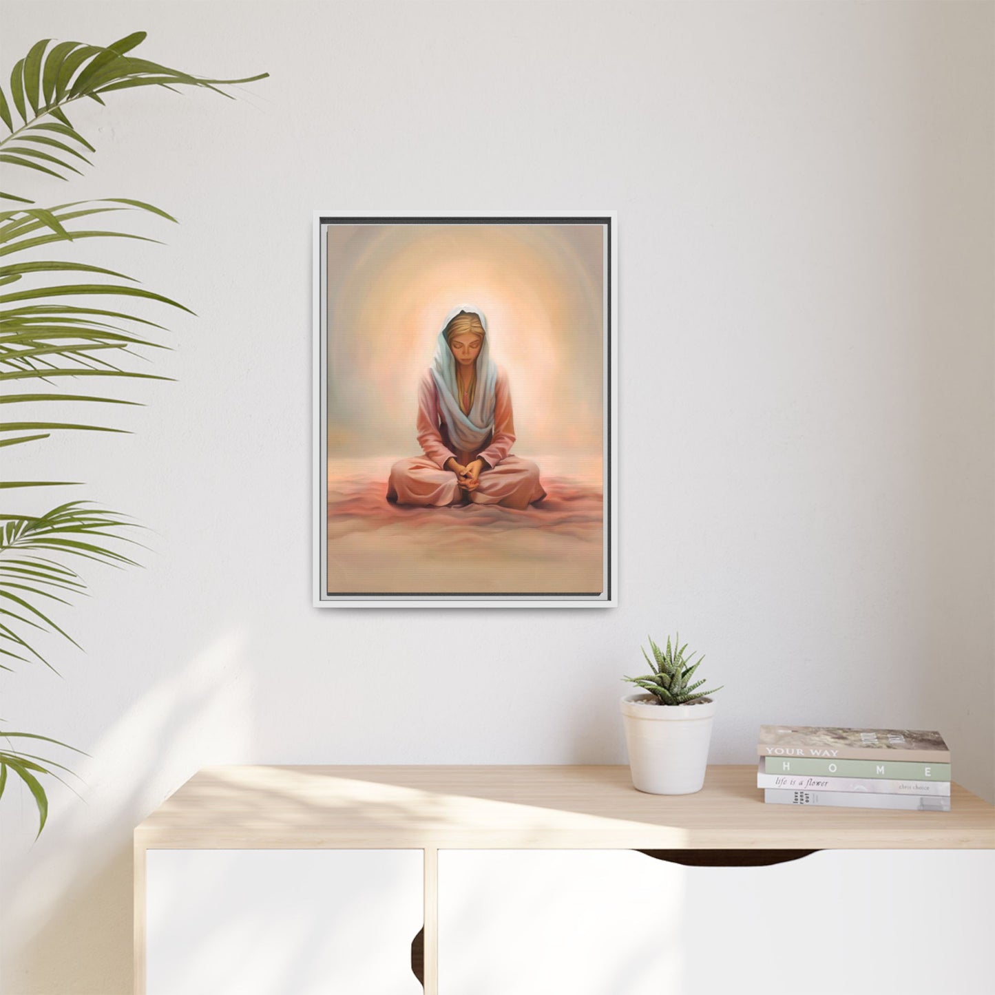 Stillness Framed Canvas Wall Art, Serene Meditation Decor, Spiritual Mindfulness Gift, Tranquil Room Accent, Woman Religious Art