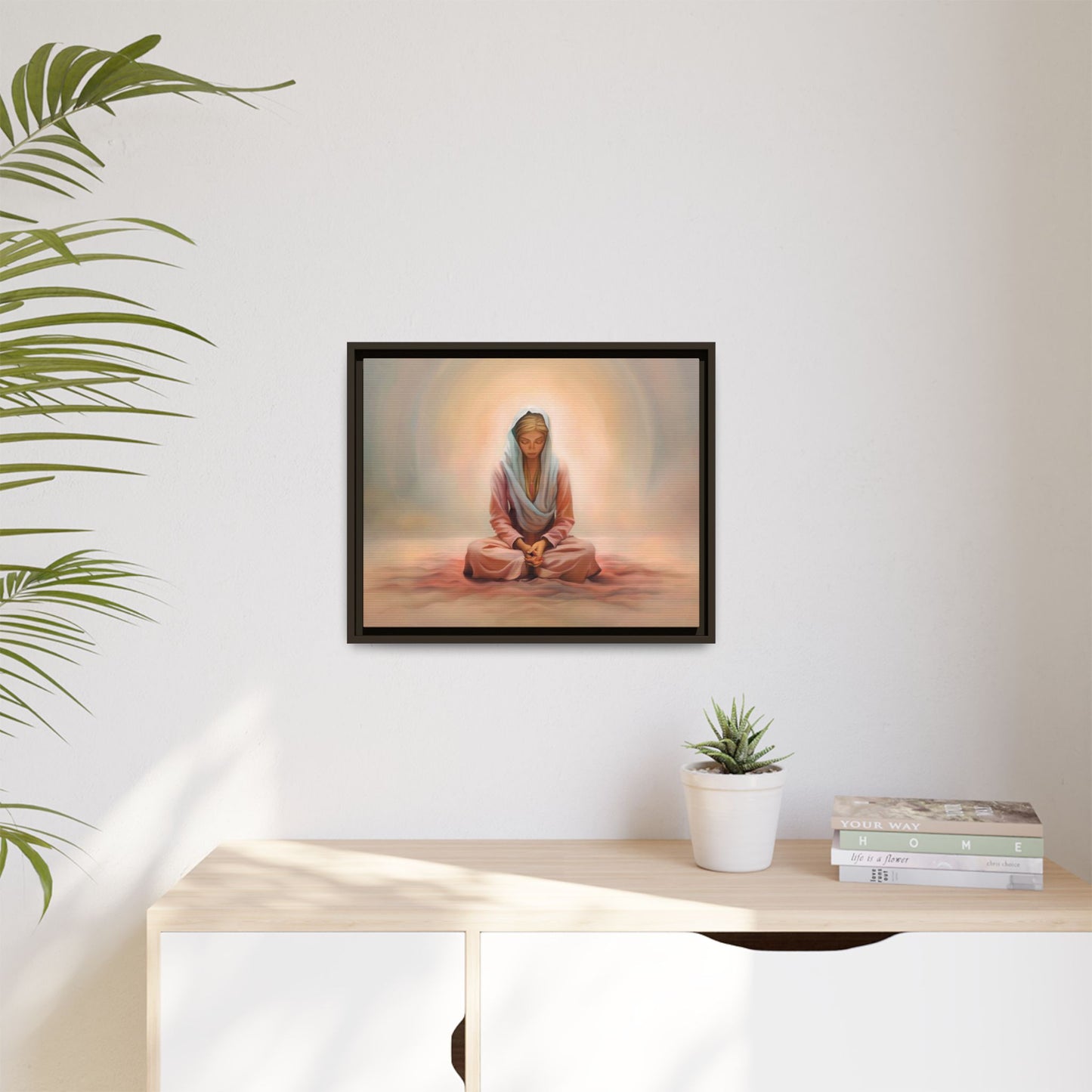 Stillness Framed Canvas Wall Art, Serene Meditation Decor, Spiritual Mindfulness Gift, Tranquil Room Accent, Woman Religious Art