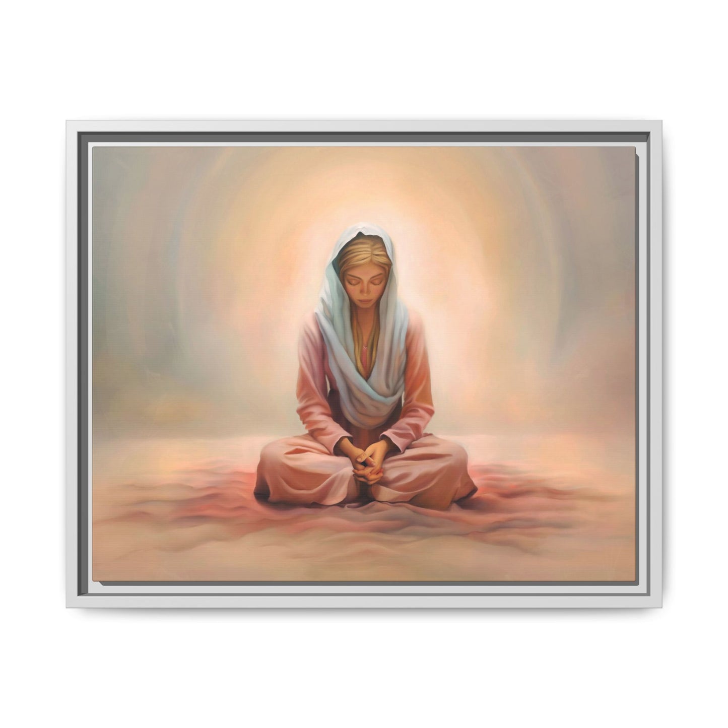 Stillness Framed Canvas Wall Art, Serene Meditation Decor, Spiritual Mindfulness Gift, Tranquil Room Accent, Woman Religious Art