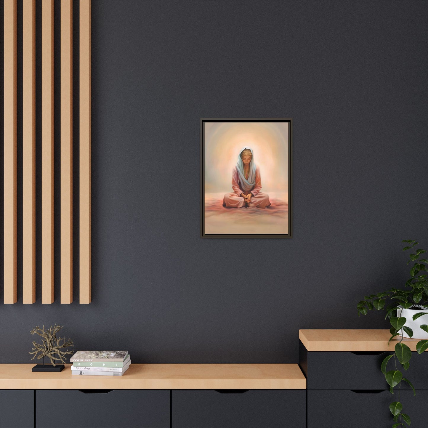 Stillness Framed Canvas Wall Art, Serene Meditation Decor, Spiritual Mindfulness Gift, Tranquil Room Accent, Woman Religious Art