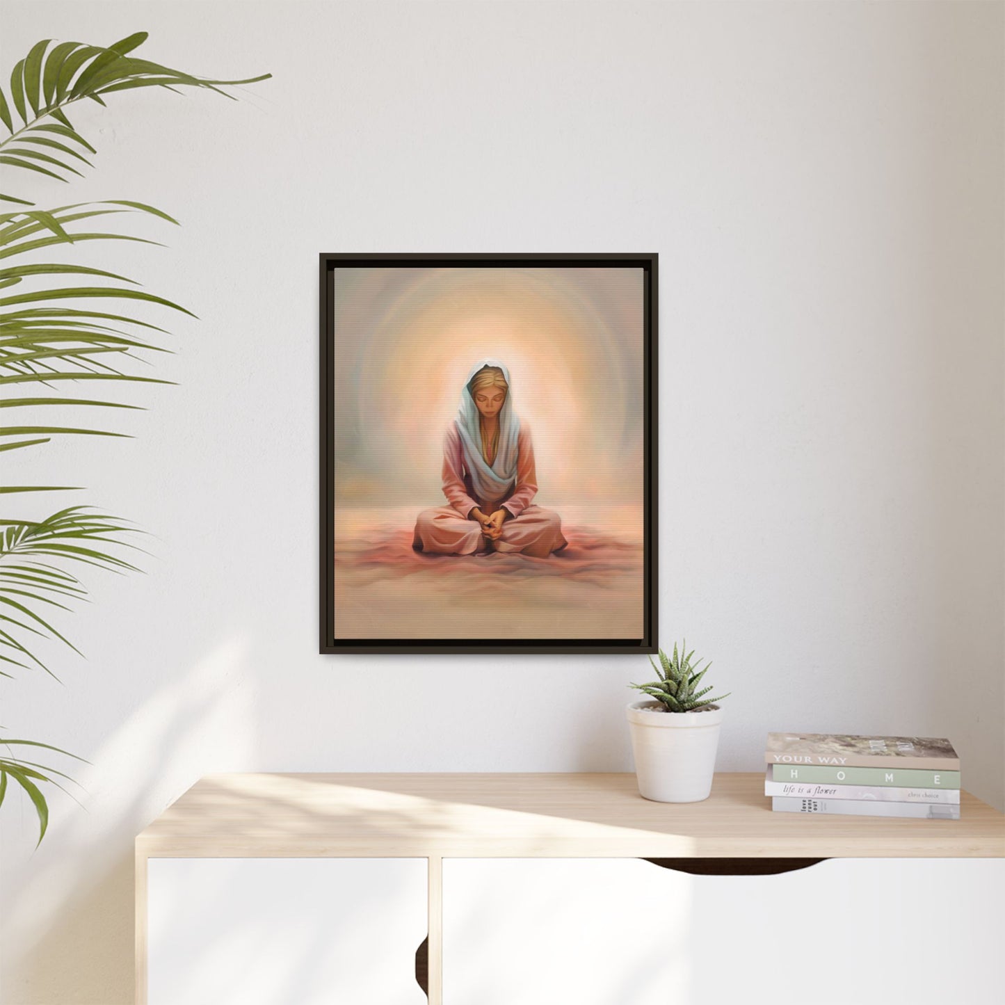 Stillness Framed Canvas Wall Art, Serene Meditation Decor, Spiritual Mindfulness Gift, Tranquil Room Accent, Woman Religious Art
