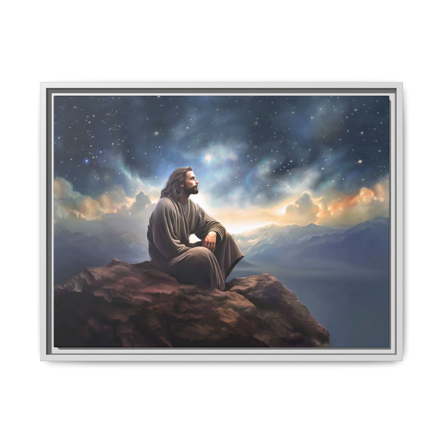 Jesus with The Stars, Canvas Print Art Framed, Jesus Christ Handmade Artwork, Deep Meditative Christian Gift