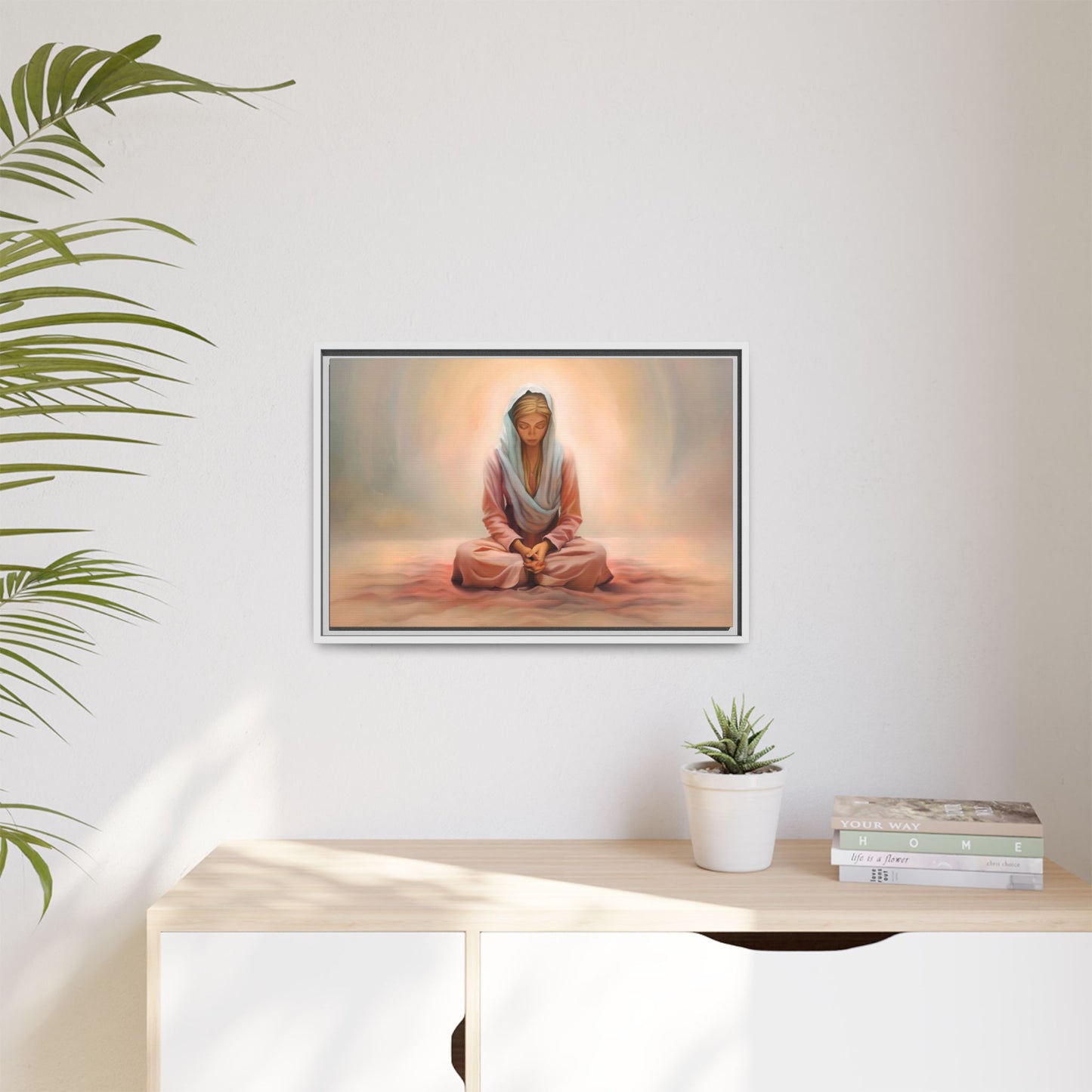 Stillness Framed Canvas Wall Art, Serene Meditation Decor, Spiritual Mindfulness Gift, Tranquil Room Accent, Woman Religious Art