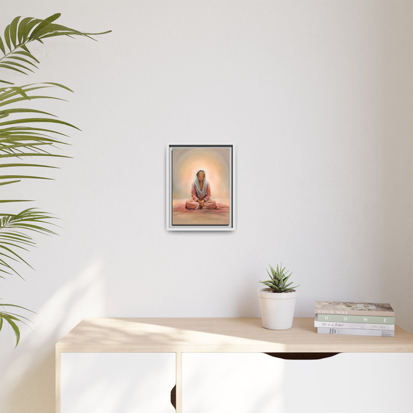 Stillness Framed Canvas Wall Art, Serene Meditation Decor, Spiritual Mindfulness Gift, Tranquil Room Accent, Woman Religious Art