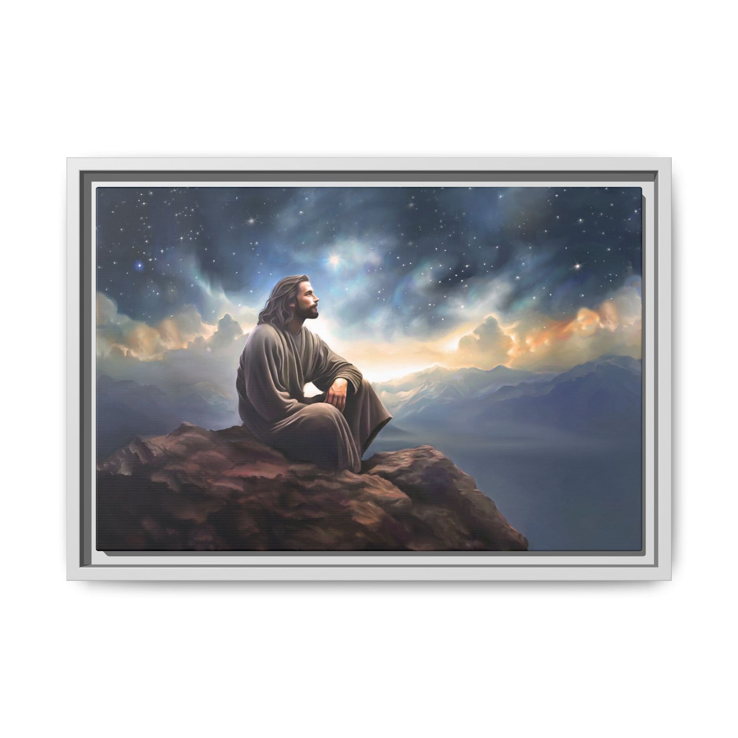 Jesus with The Stars, Canvas Print Art Framed, Jesus Christ Handmade Artwork, Deep Meditative Christian Gift