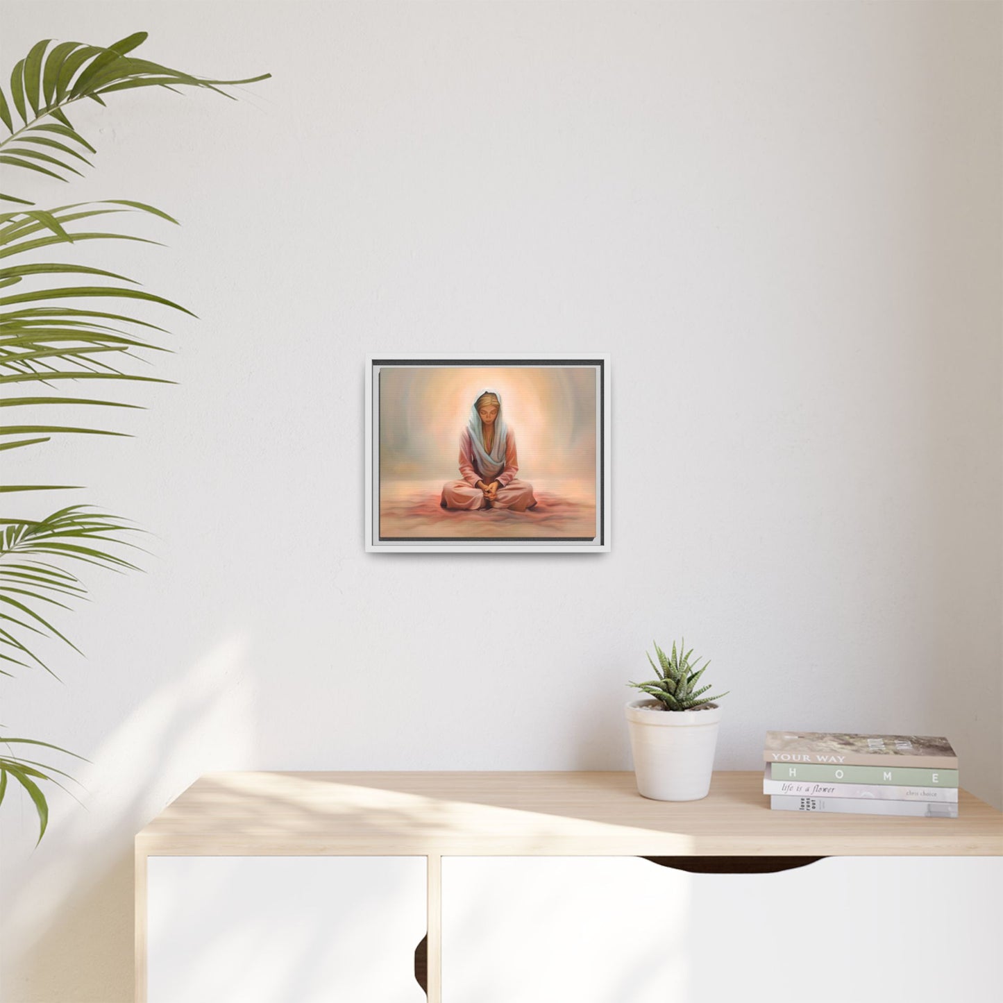 Stillness Framed Canvas Wall Art, Serene Meditation Decor, Spiritual Mindfulness Gift, Tranquil Room Accent, Woman Religious Art
