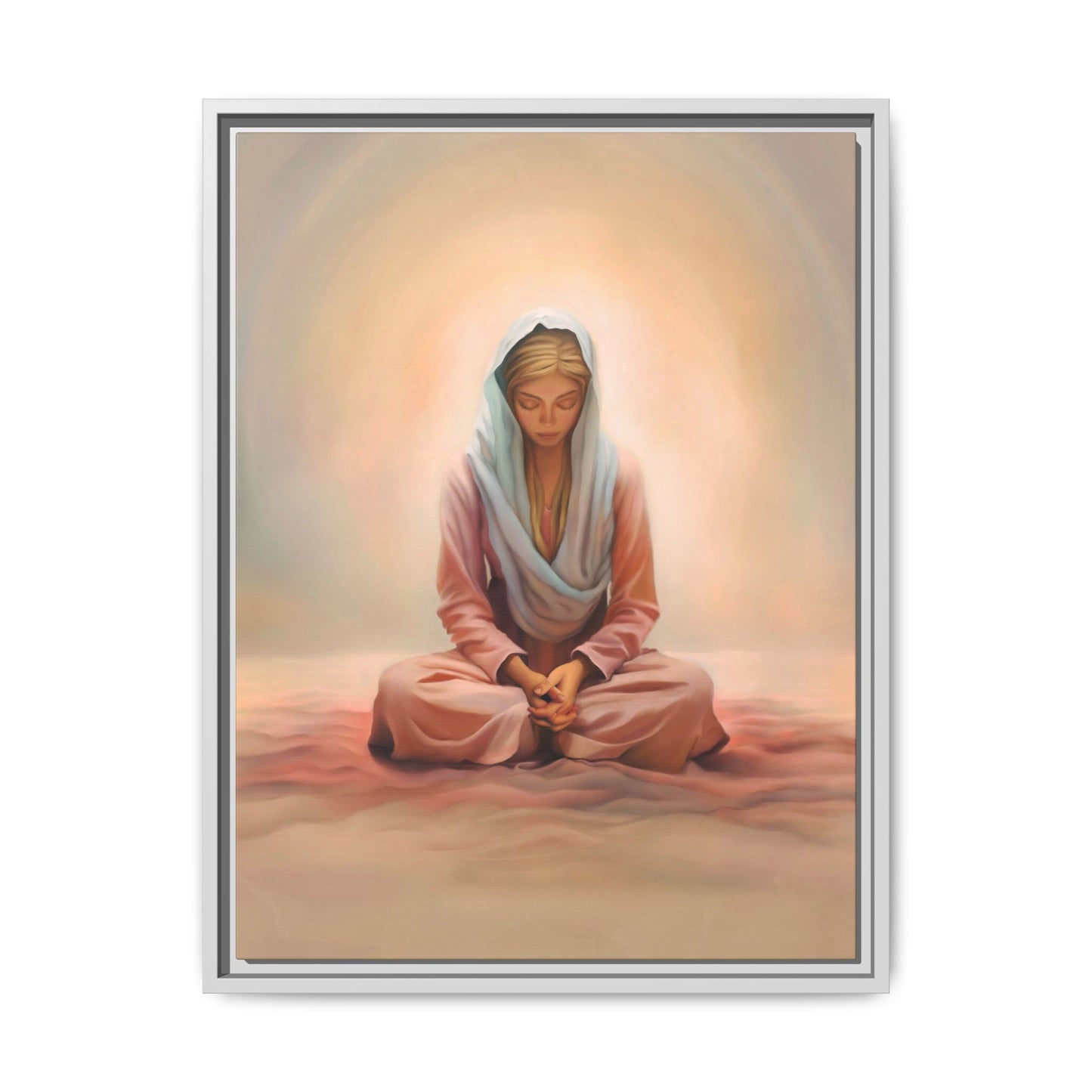 Stillness Framed Canvas Wall Art, Serene Meditation Decor, Spiritual Mindfulness Gift, Tranquil Room Accent, Woman Religious Art