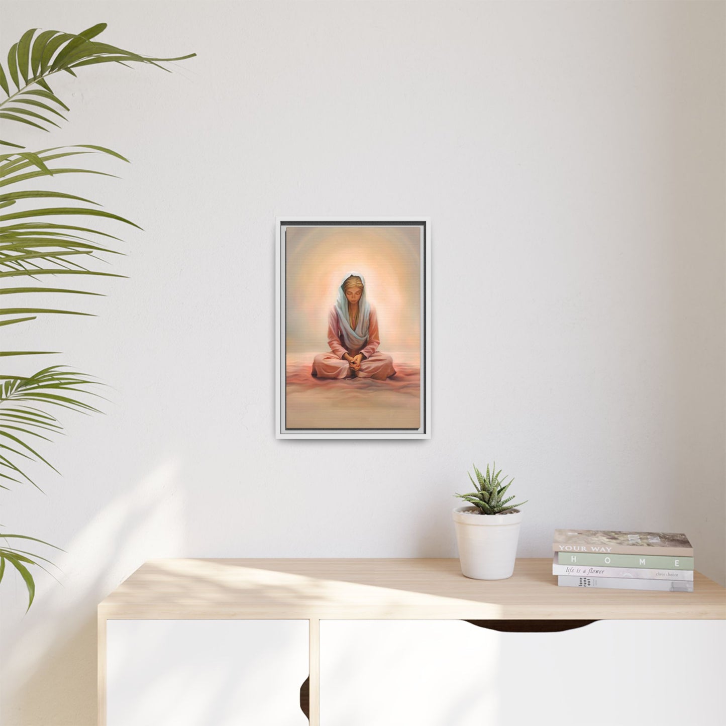 Stillness Framed Canvas Wall Art, Serene Meditation Decor, Spiritual Mindfulness Gift, Tranquil Room Accent, Woman Religious Art