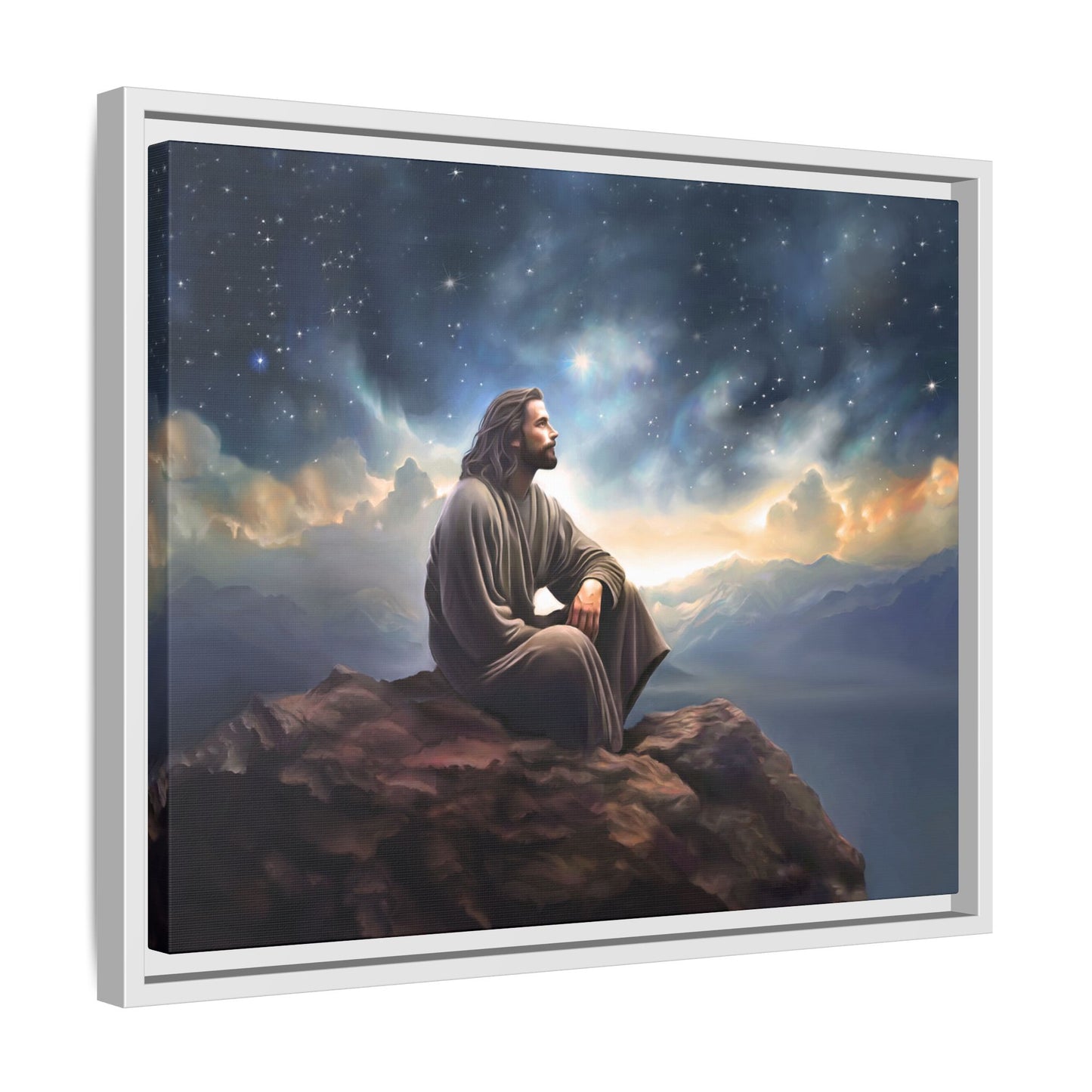 Jesus with The Stars, Canvas Print Art Framed, Jesus Christ Handmade Artwork, Deep Meditative Christian Gift