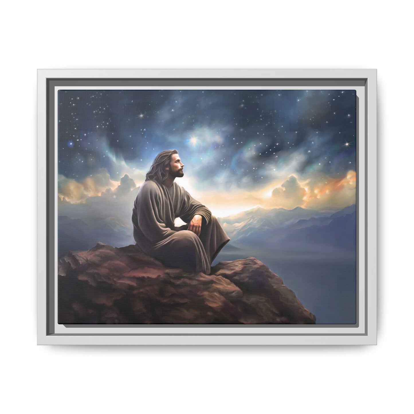Jesus with The Stars, Canvas Print Art Framed, Jesus Christ Handmade Artwork, Deep Meditative Christian Gift