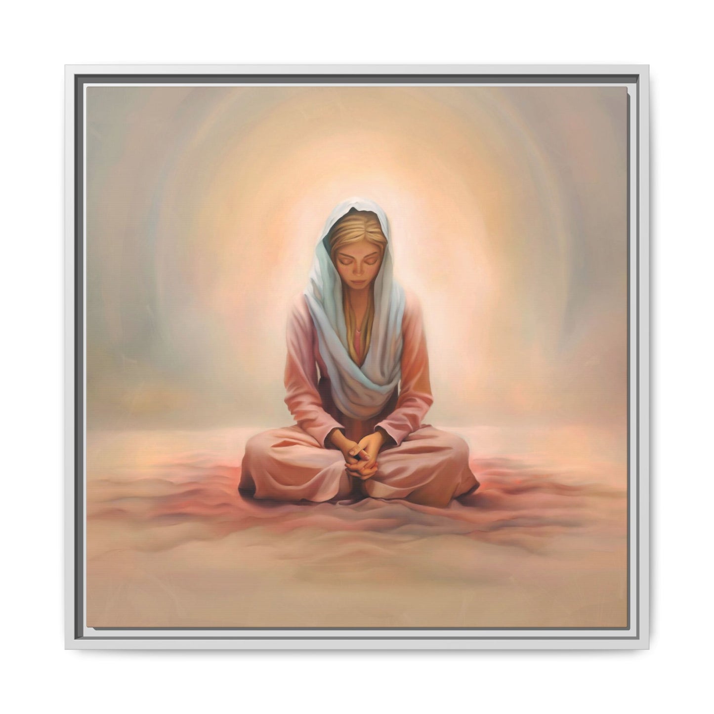 Stillness Framed Canvas Wall Art, Serene Meditation Decor, Spiritual Mindfulness Gift, Tranquil Room Accent, Woman Religious Art