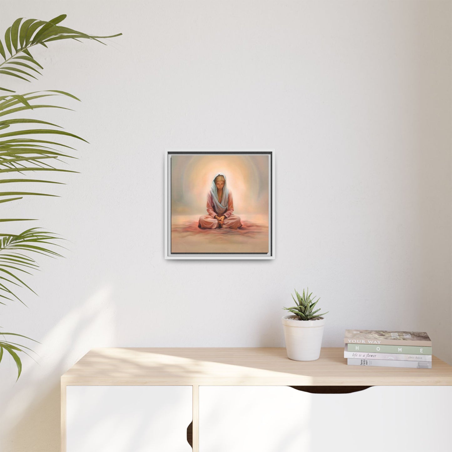 Stillness Framed Canvas Wall Art, Serene Meditation Decor, Spiritual Mindfulness Gift, Tranquil Room Accent, Woman Religious Art