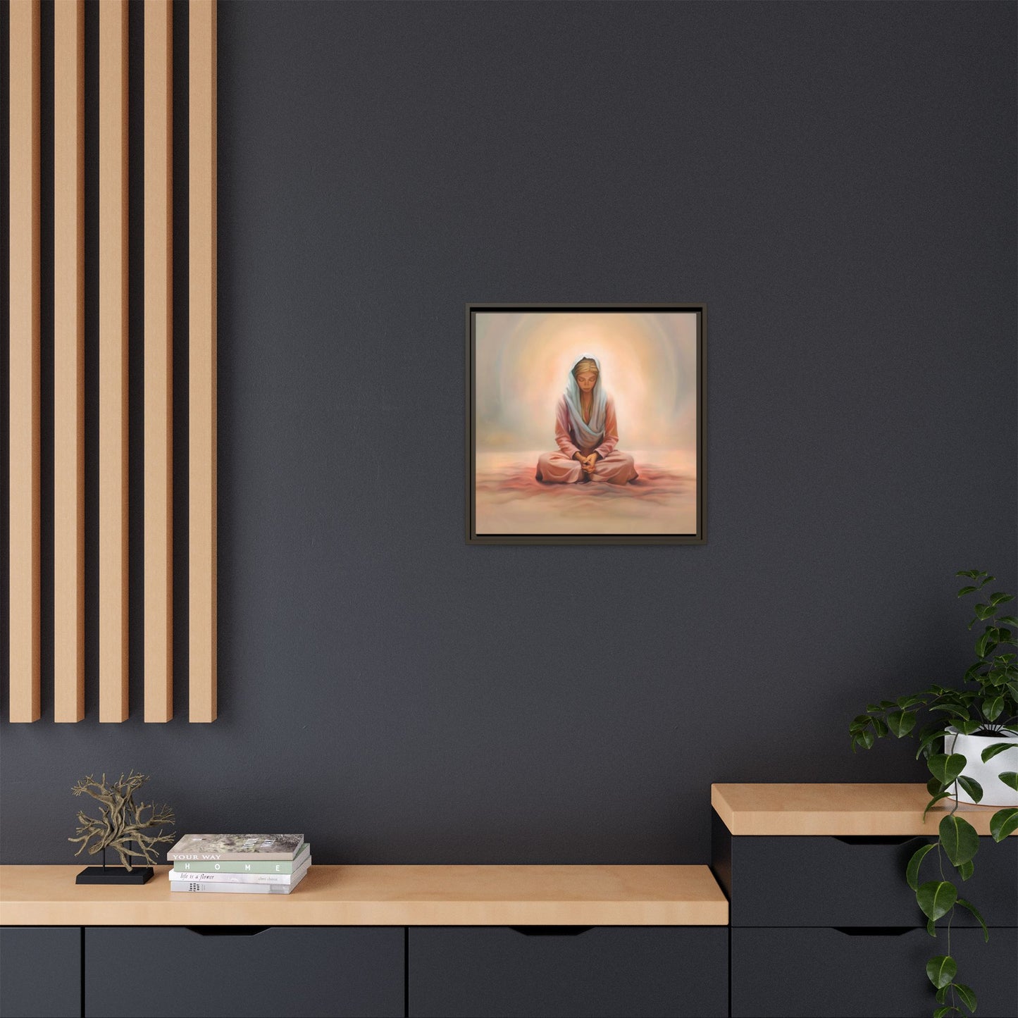 Stillness Framed Canvas Wall Art, Serene Meditation Decor, Spiritual Mindfulness Gift, Tranquil Room Accent, Woman Religious Art