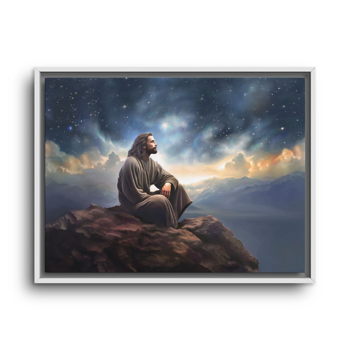 Jesus with The Stars, Canvas Print Art Framed, Jesus Christ Handmade Artwork, Deep Meditative Christian Gift