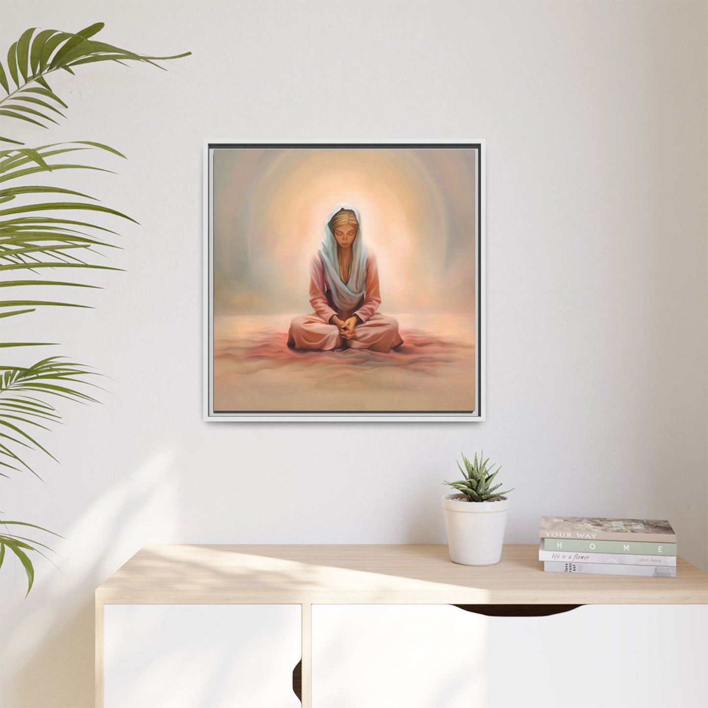 Stillness Framed Canvas Wall Art, Serene Meditation Decor, Spiritual Mindfulness Gift, Tranquil Room Accent, Woman Religious Art