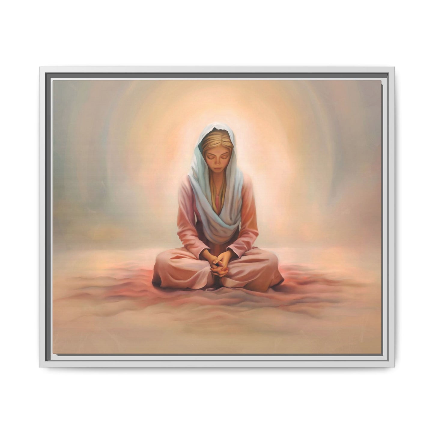 Stillness Framed Canvas Wall Art, Serene Meditation Decor, Spiritual Mindfulness Gift, Tranquil Room Accent, Woman Religious Art
