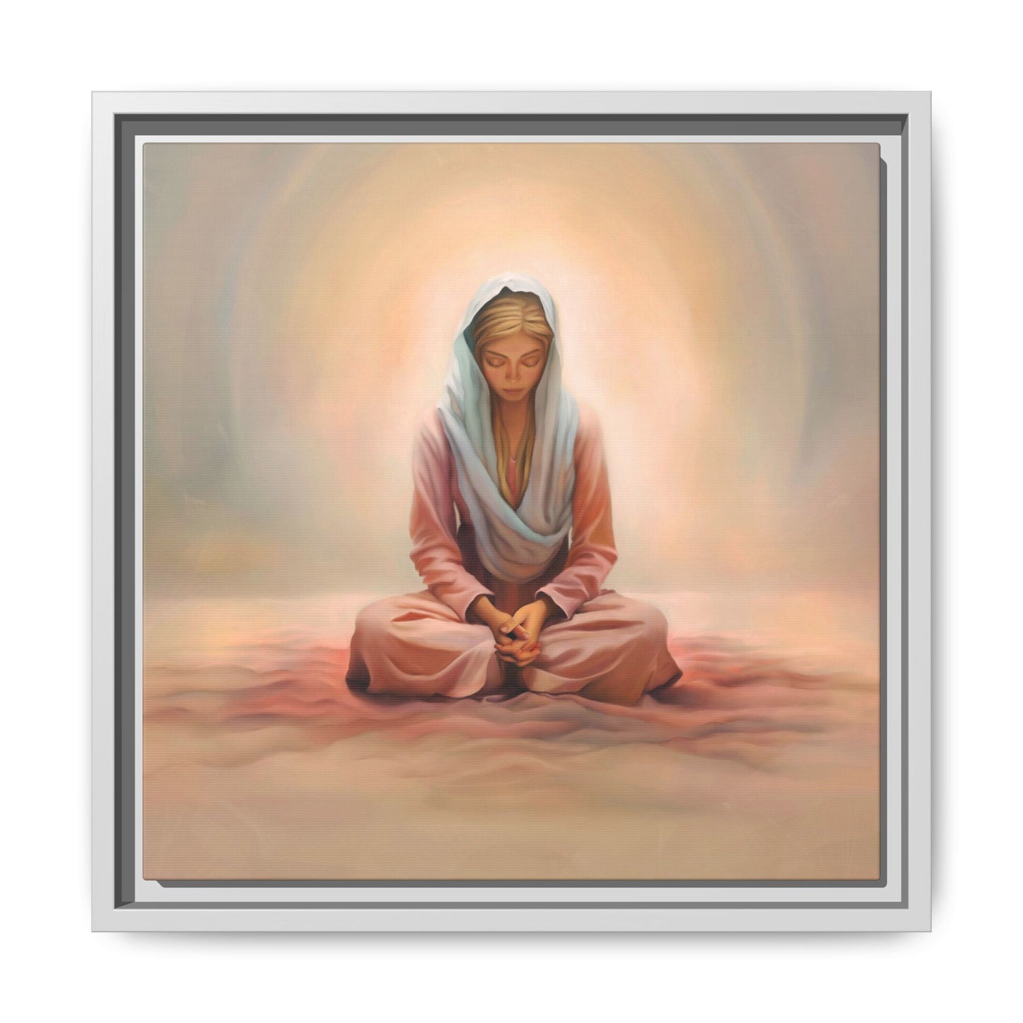 Stillness Framed Canvas Wall Art, Serene Meditation Decor, Spiritual Mindfulness Gift, Tranquil Room Accent, Woman Religious Art