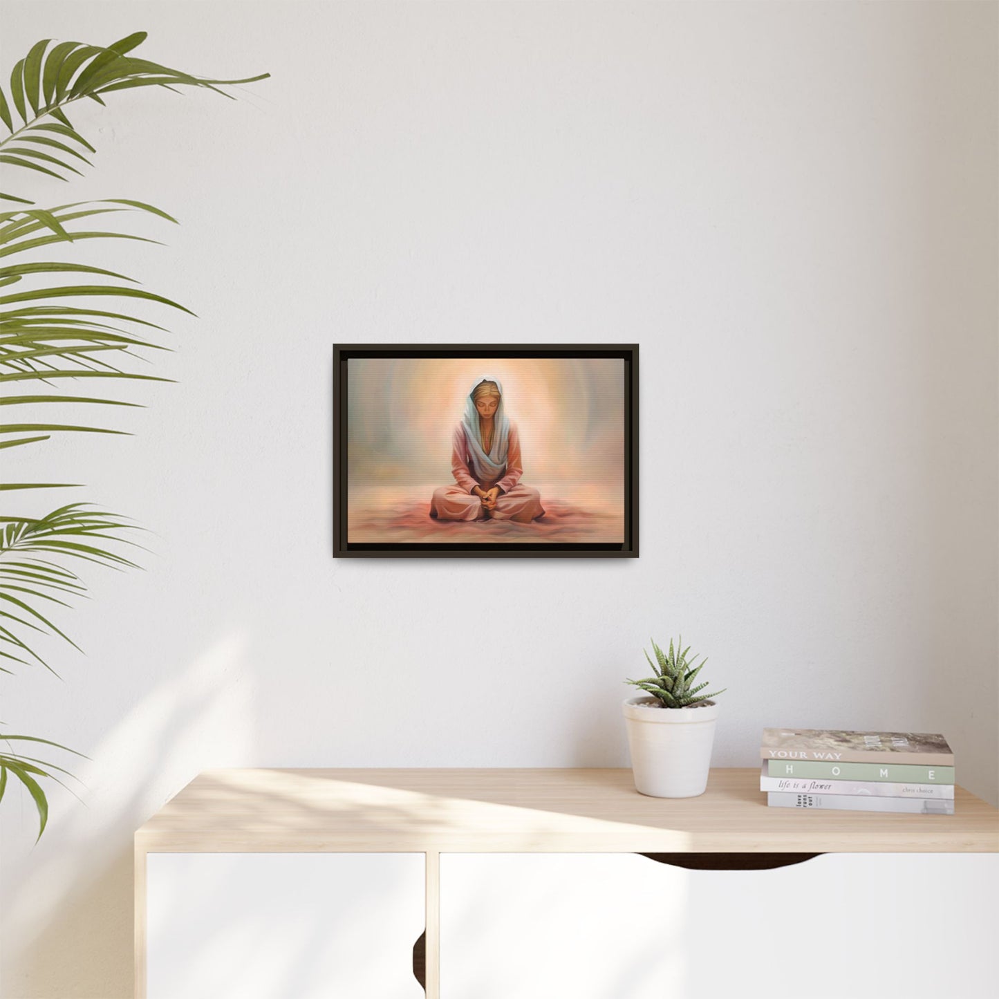 Stillness Framed Canvas Wall Art, Serene Meditation Decor, Spiritual Mindfulness Gift, Tranquil Room Accent, Woman Religious Art