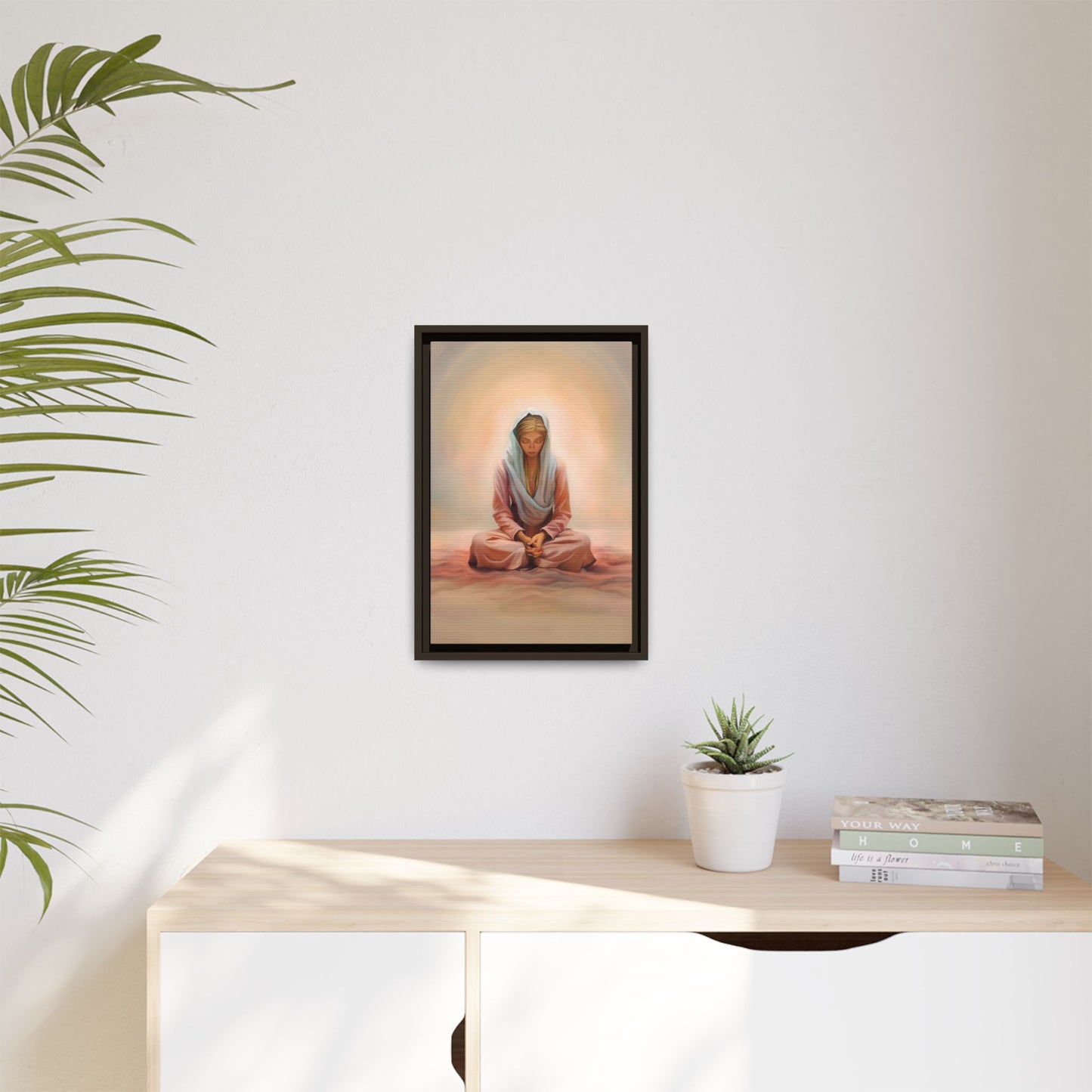 Stillness Framed Canvas Wall Art, Serene Meditation Decor, Spiritual Mindfulness Gift, Tranquil Room Accent, Woman Religious Art