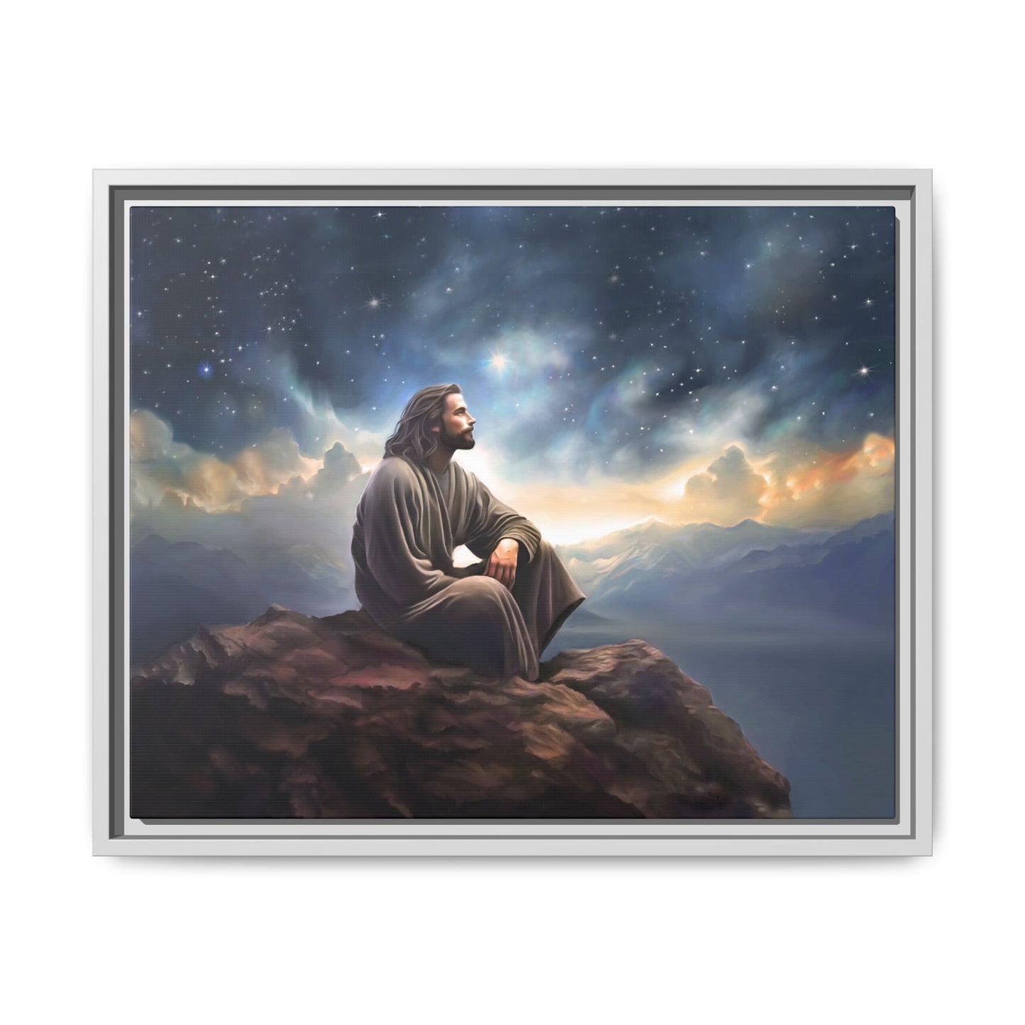 Jesus with The Stars, Canvas Print Art Framed, Jesus Christ Handmade Artwork, Deep Meditative Christian Gift
