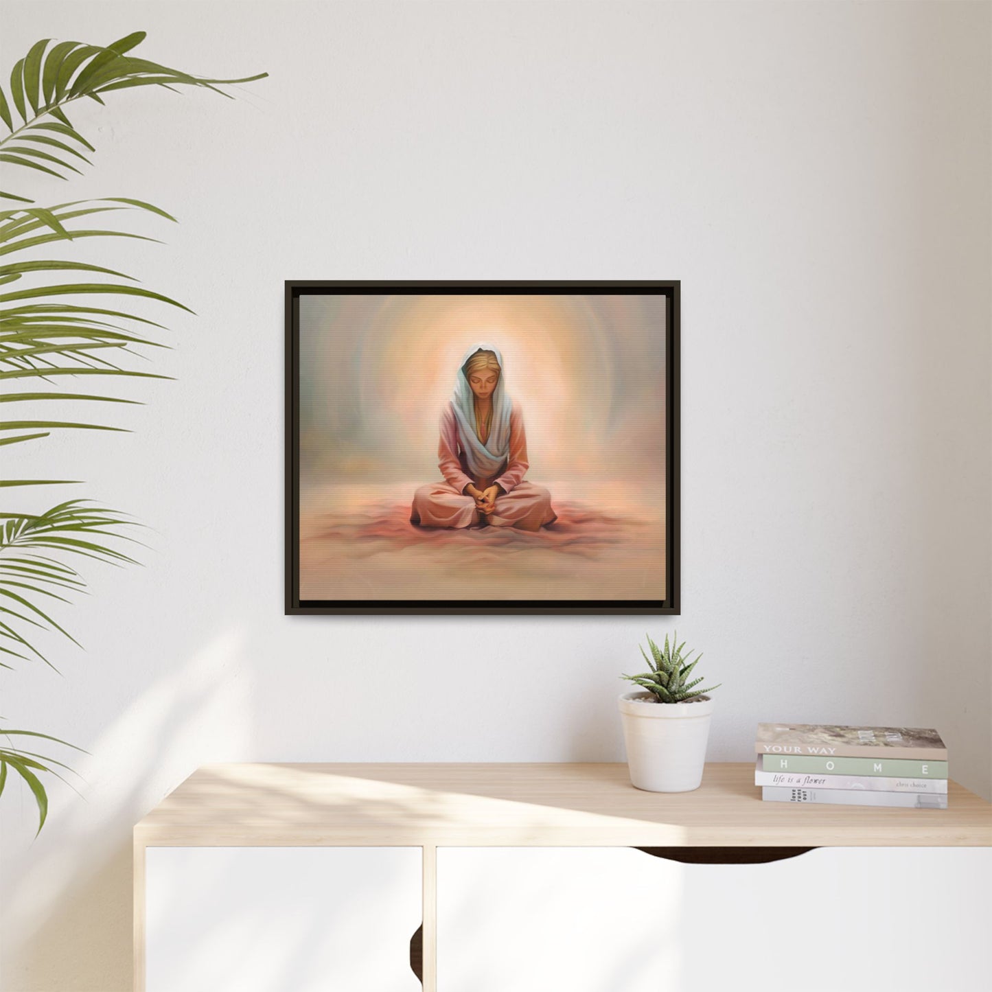 Stillness Framed Canvas Wall Art, Serene Meditation Decor, Spiritual Mindfulness Gift, Tranquil Room Accent, Woman Religious Art