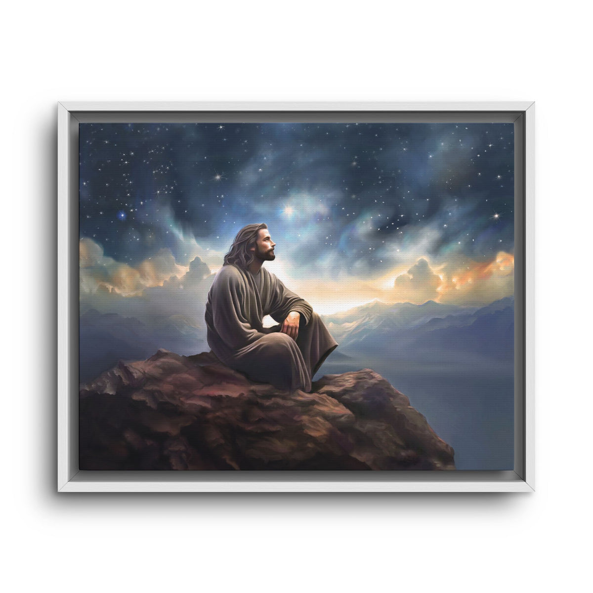 Jesus with The Stars, Canvas Print Art Framed, Jesus Christ Handmade Artwork, Deep Meditative Christian Gift