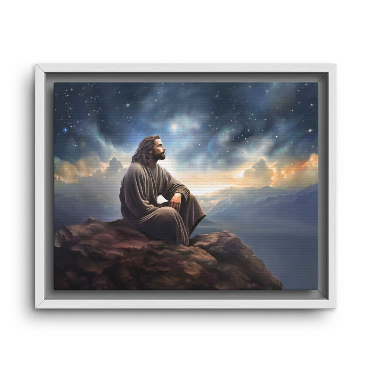 Jesus with The Stars, Canvas Print Art Framed, Jesus Christ Handmade Artwork, Deep Meditative Christian Gift