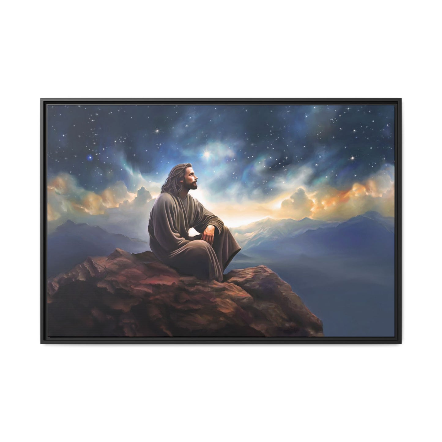 Jesus with The Stars, Canvas Print Art Framed, Jesus Christ Handmade Artwork, Deep Meditative Christian Gift