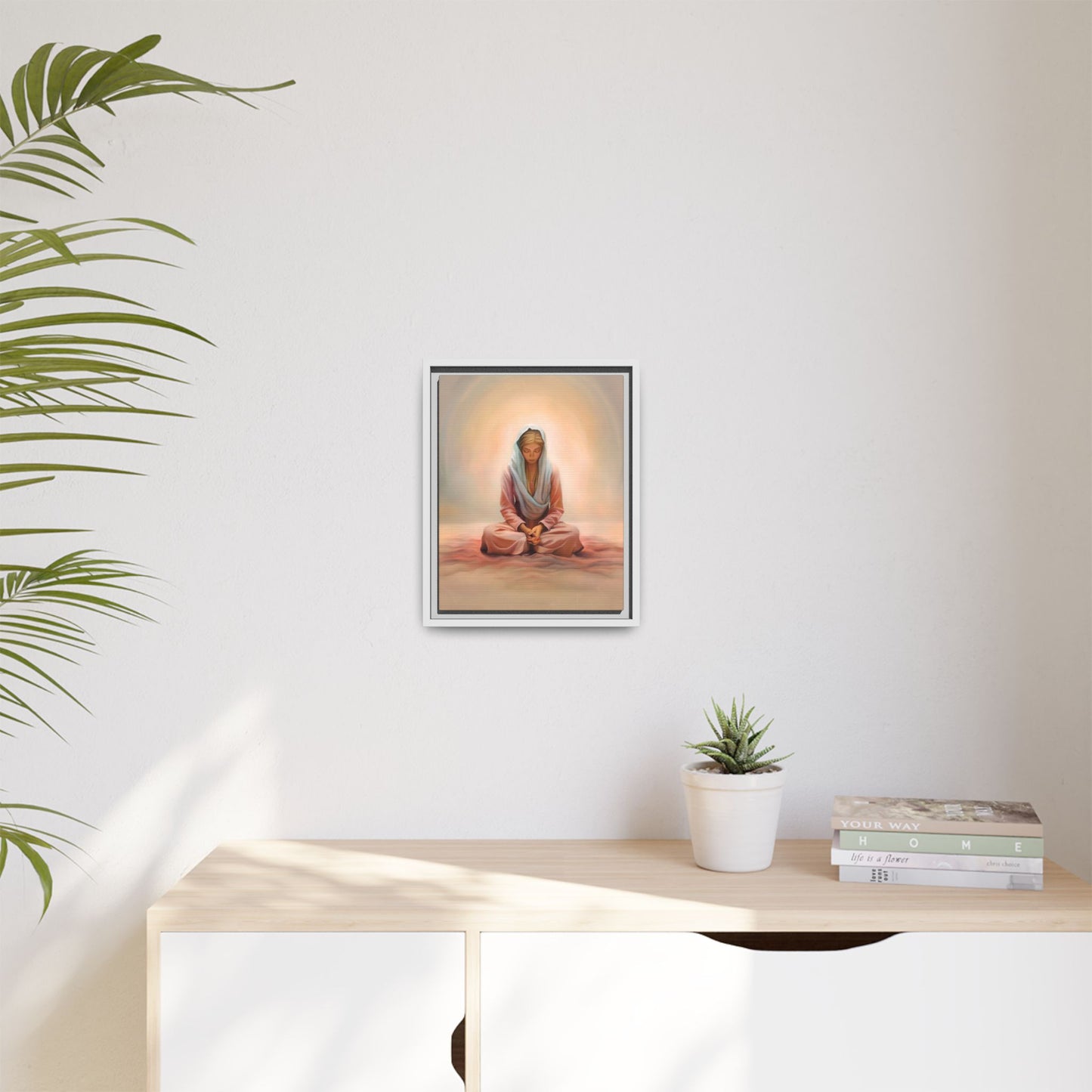 Stillness Framed Canvas Wall Art, Serene Meditation Decor, Spiritual Mindfulness Gift, Tranquil Room Accent, Woman Religious Art