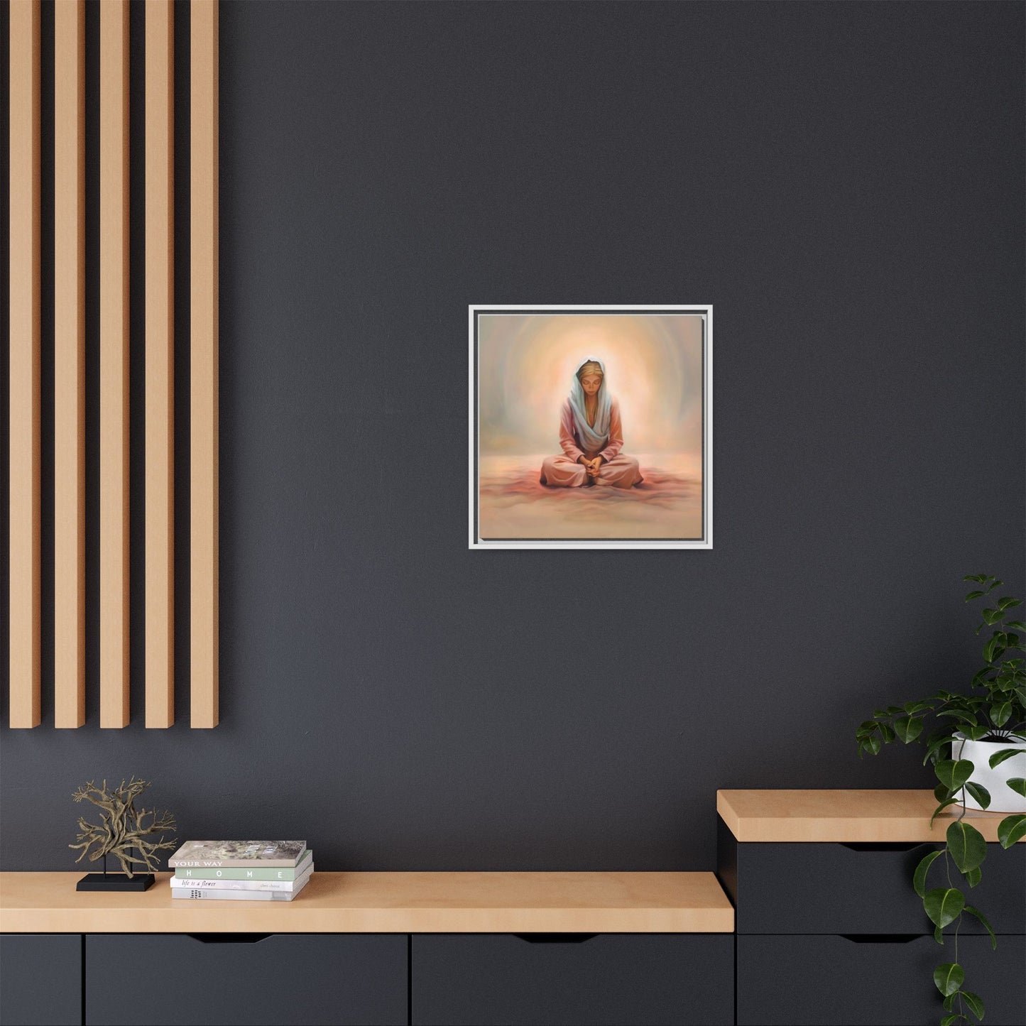 Stillness Framed Canvas Wall Art, Serene Meditation Decor, Spiritual Mindfulness Gift, Tranquil Room Accent, Woman Religious Art