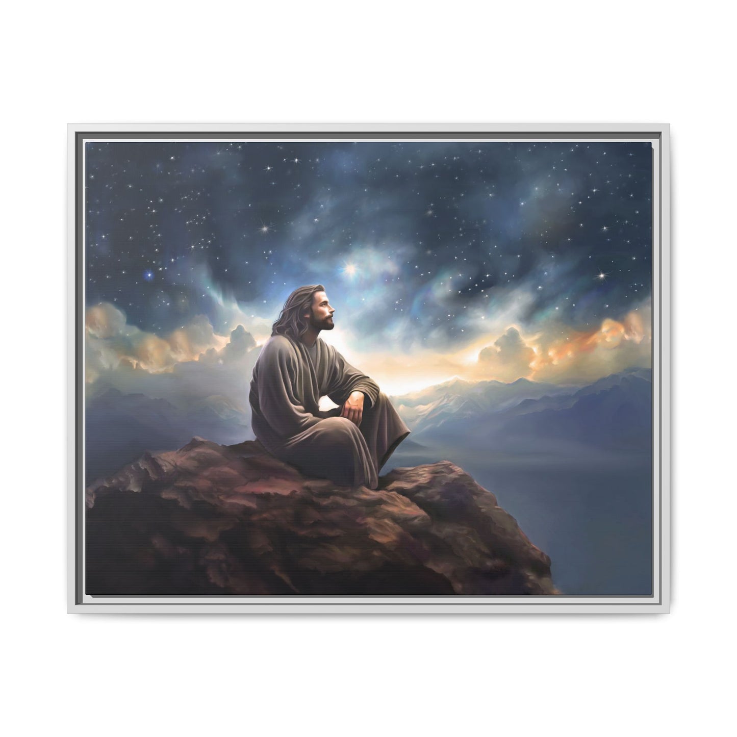 Jesus with The Stars, Canvas Print Art Framed, Jesus Christ Handmade Artwork, Deep Meditative Christian Gift
