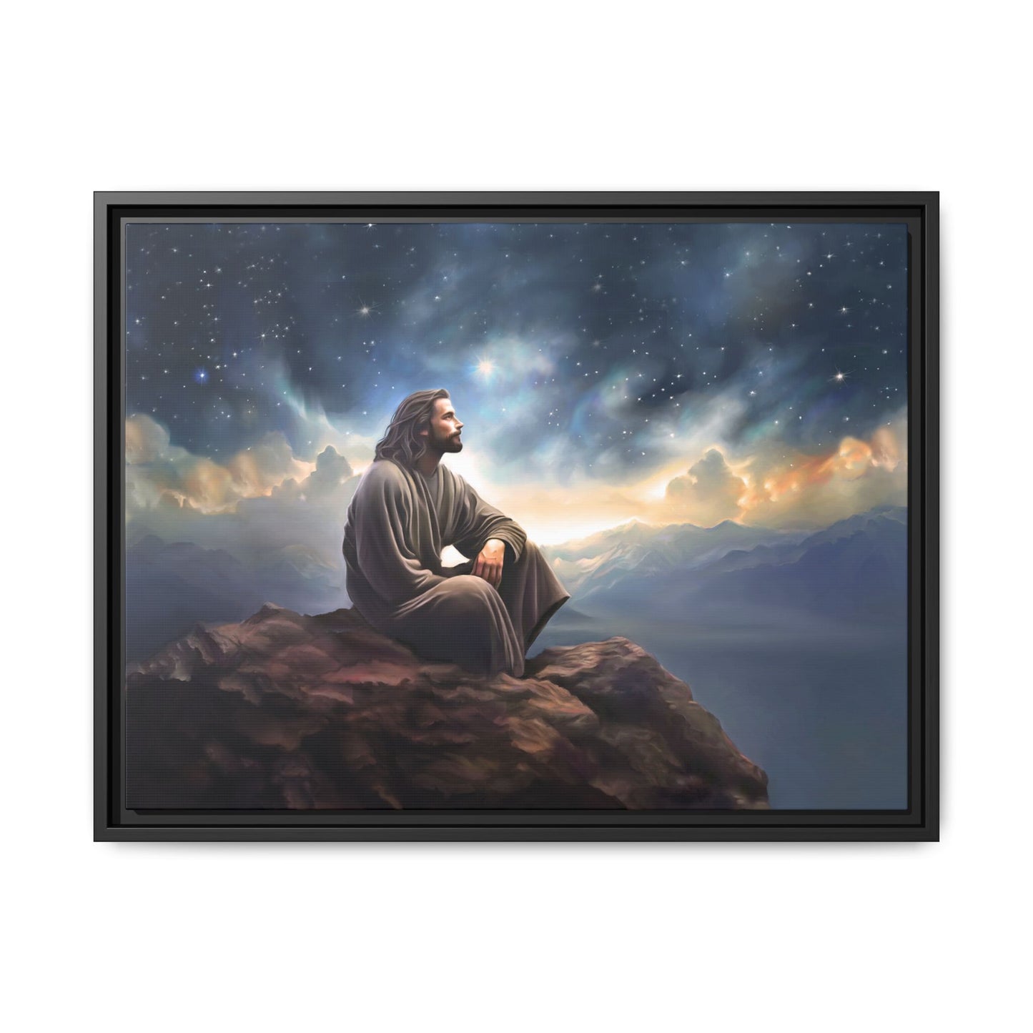 Jesus with The Stars, Canvas Print Art Framed, Jesus Christ Handmade Artwork, Deep Meditative Christian Gift