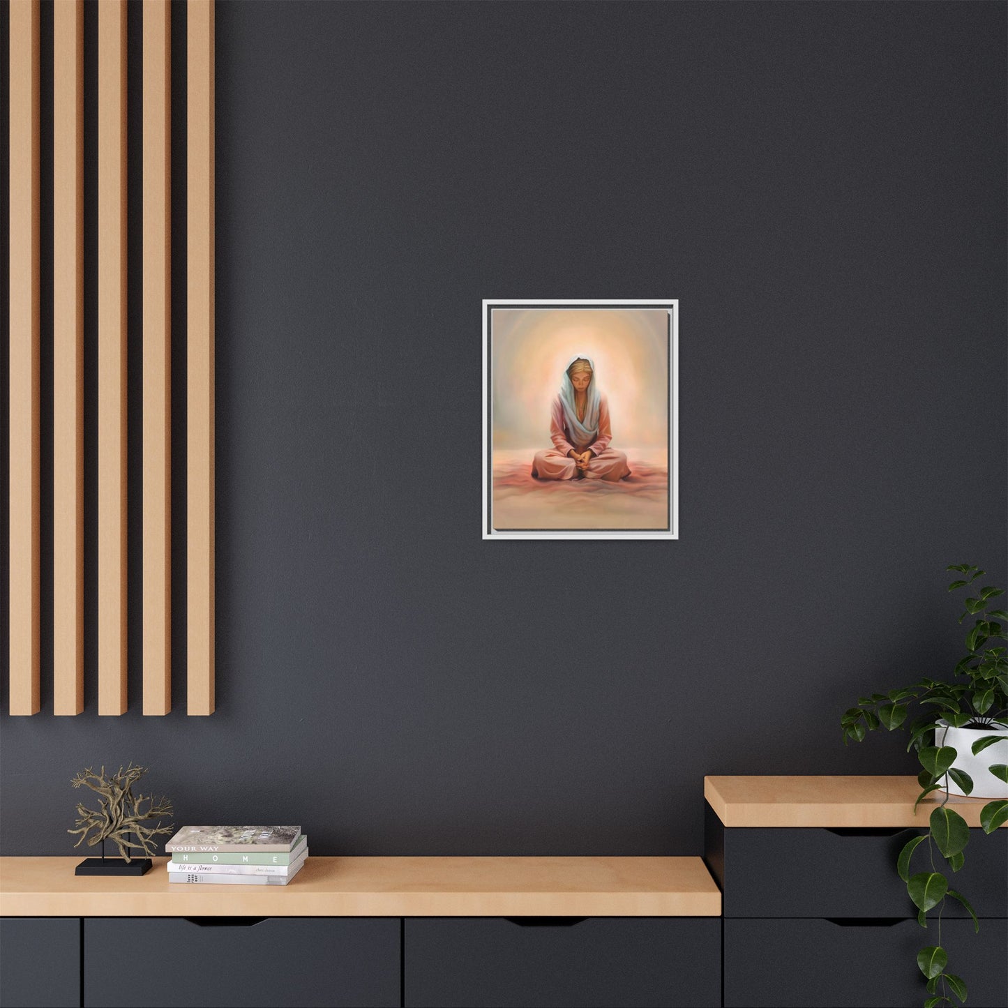 Stillness Framed Canvas Wall Art, Serene Meditation Decor, Spiritual Mindfulness Gift, Tranquil Room Accent, Woman Religious Art
