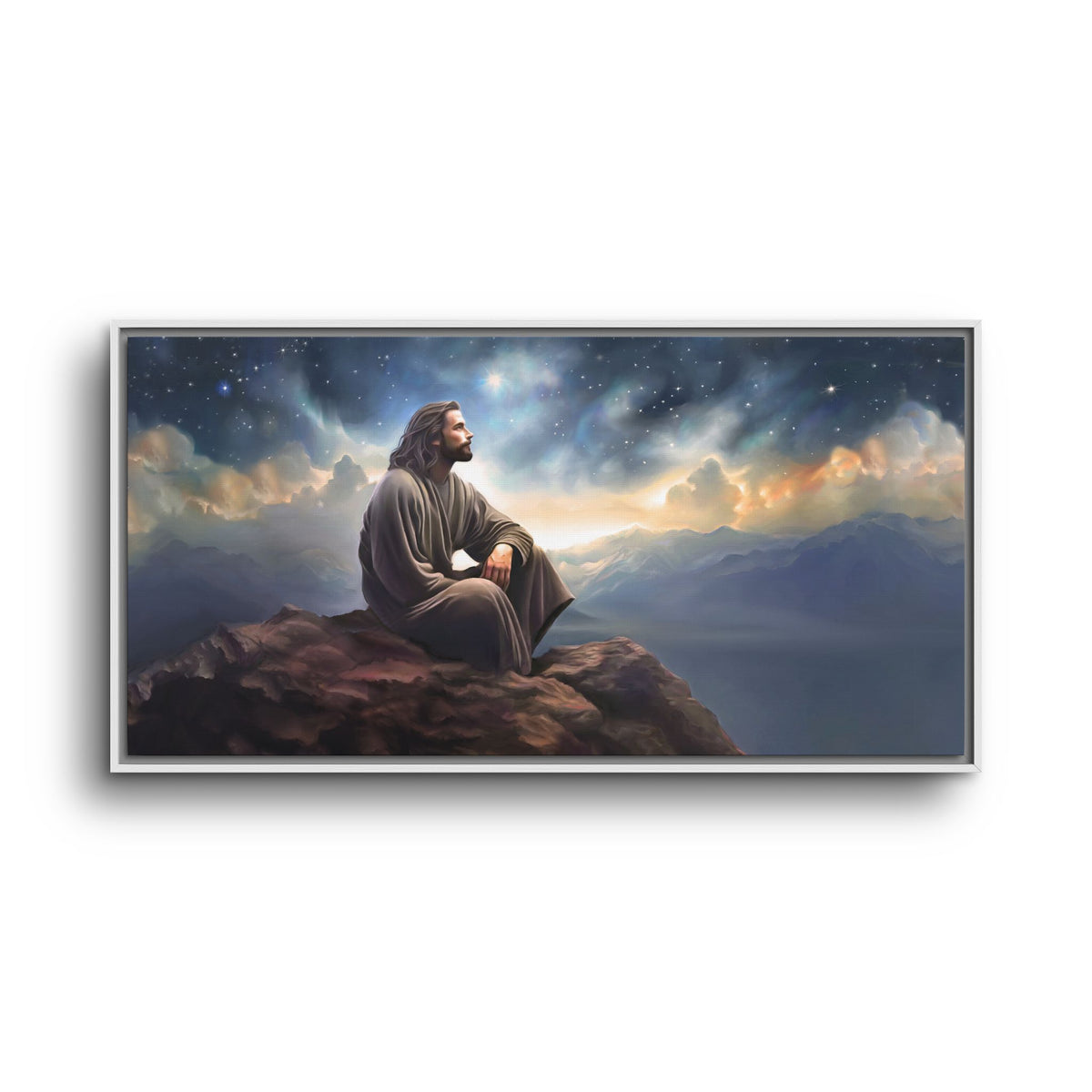 Jesus with The Stars, Canvas Print Art Framed, Jesus Christ Handmade Artwork, Deep Meditative Christian Gift