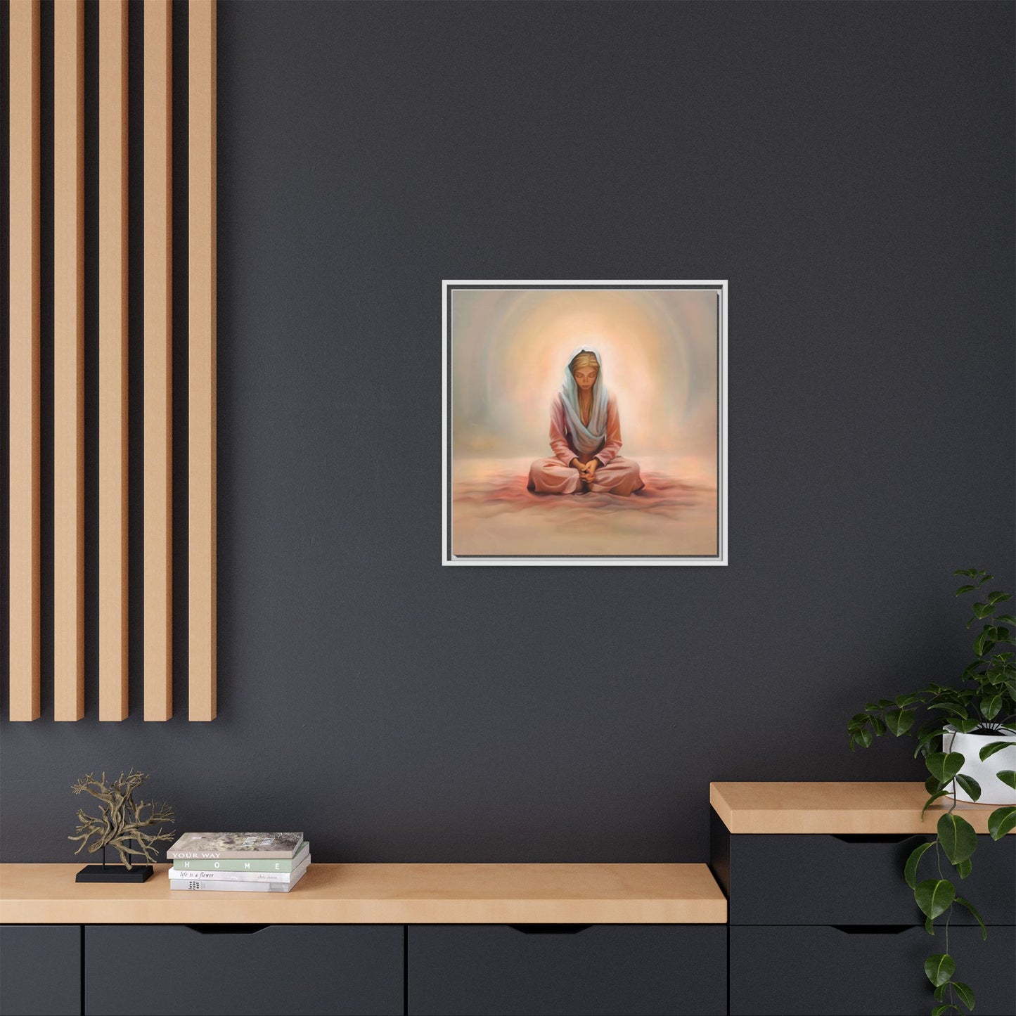 Stillness Framed Canvas Wall Art, Serene Meditation Decor, Spiritual Mindfulness Gift, Tranquil Room Accent, Woman Religious Art
