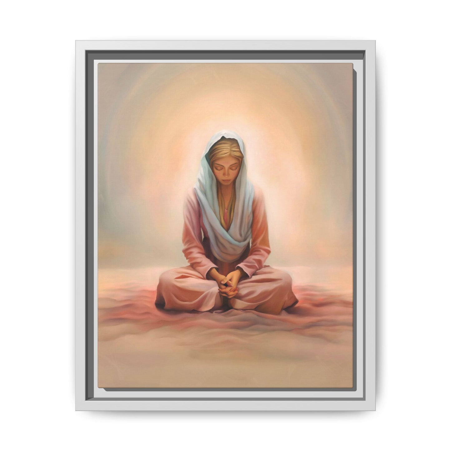 Stillness Framed Canvas Wall Art, Serene Meditation Decor, Spiritual Mindfulness Gift, Tranquil Room Accent, Woman Religious Art