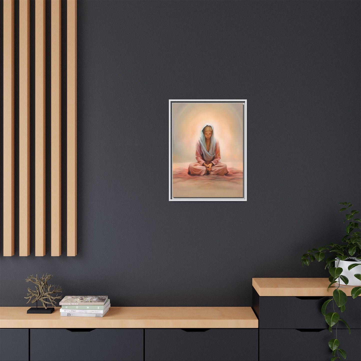 Stillness Framed Canvas Wall Art, Serene Meditation Decor, Spiritual Mindfulness Gift, Tranquil Room Accent, Woman Religious Art