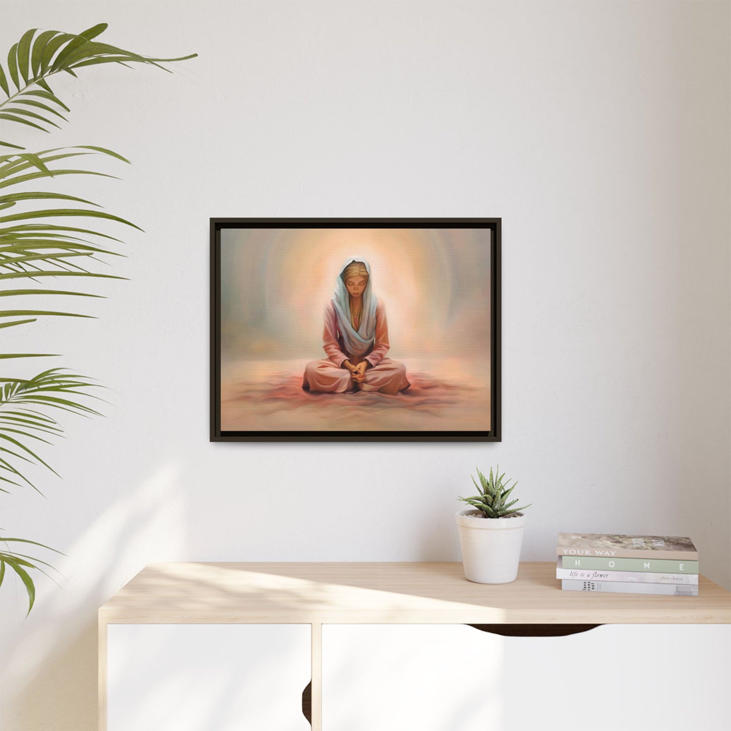 Stillness Framed Canvas Wall Art, Serene Meditation Decor, Spiritual Mindfulness Gift, Tranquil Room Accent, Woman Religious Art