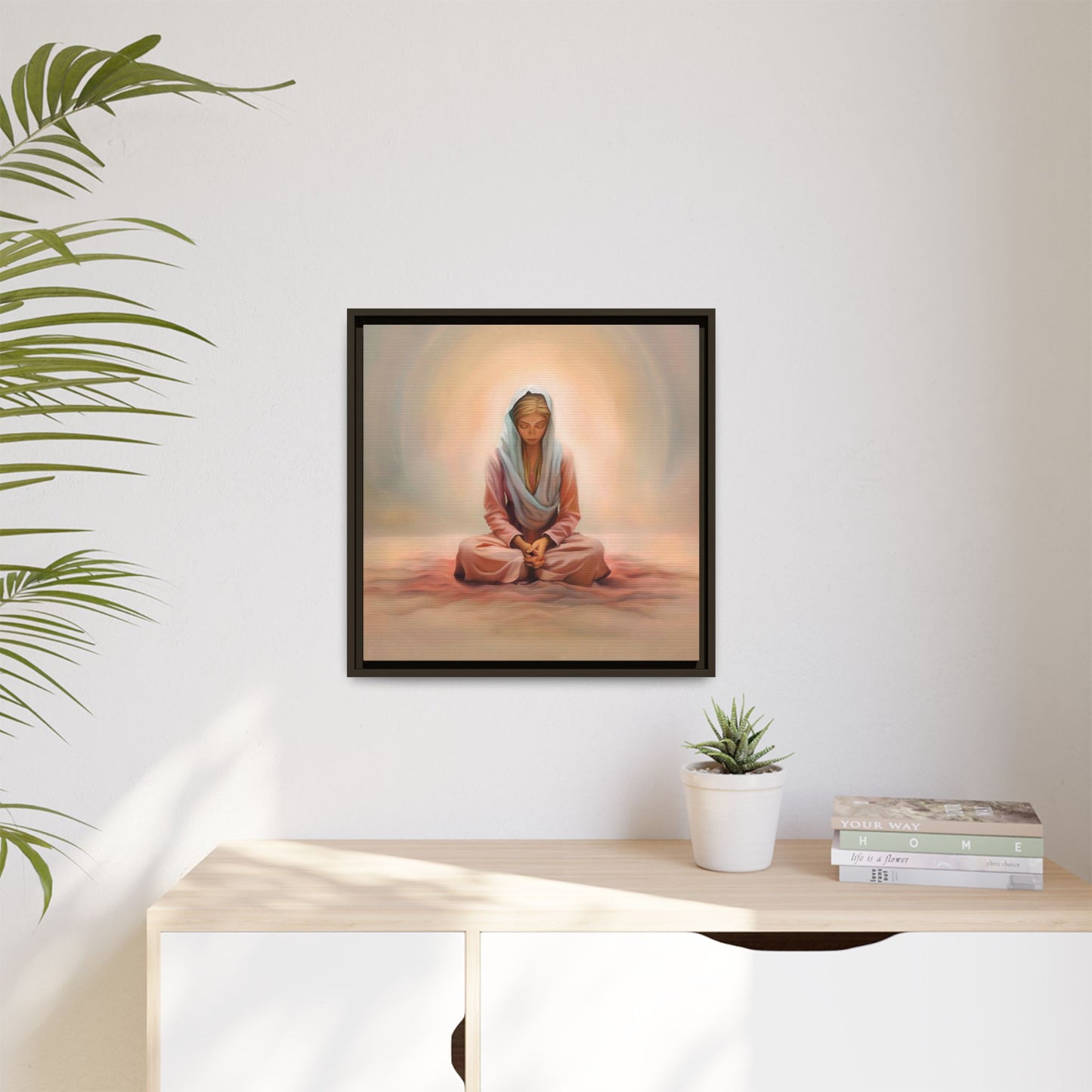 Stillness Framed Canvas Wall Art, Serene Meditation Decor, Spiritual Mindfulness Gift, Tranquil Room Accent, Woman Religious Art