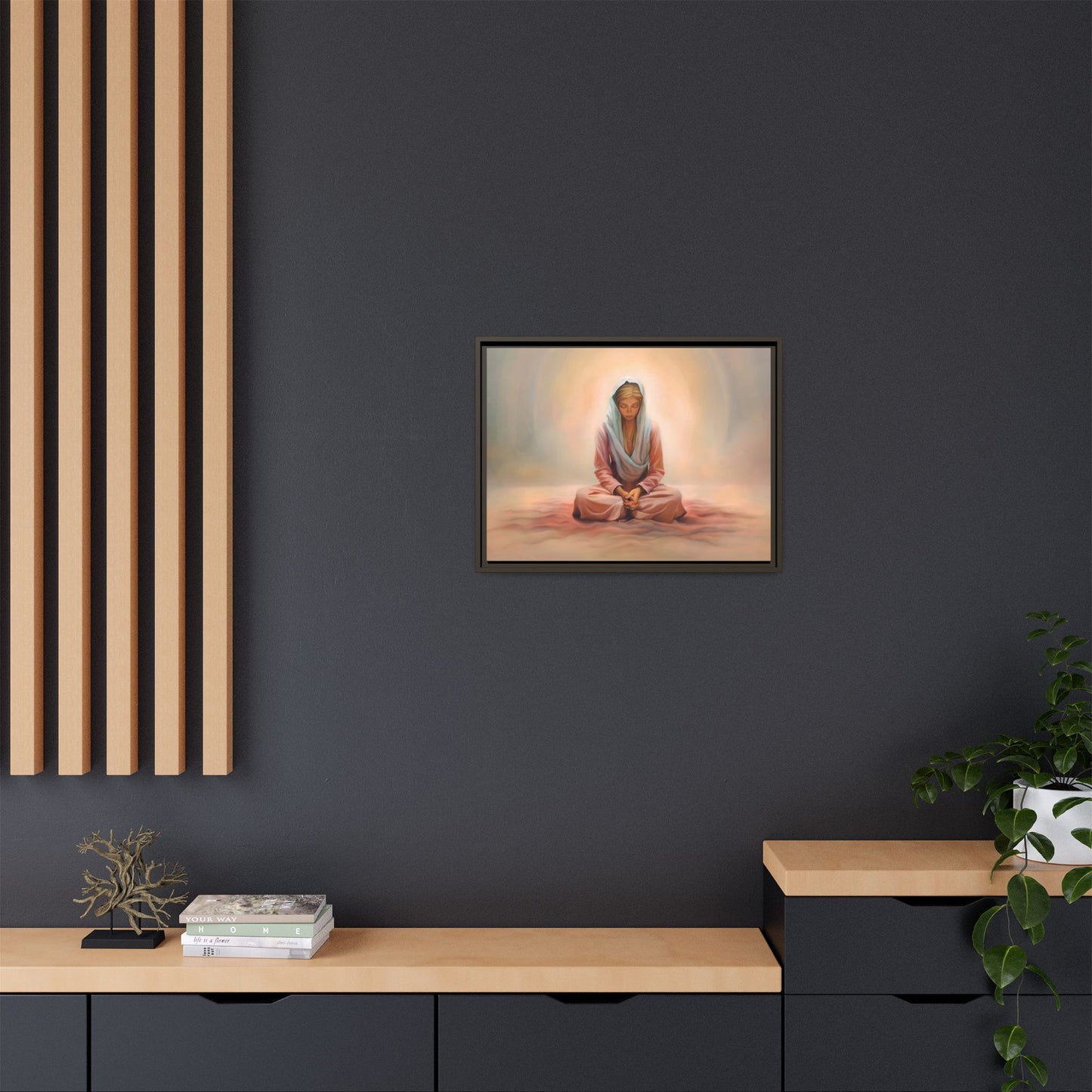 Stillness Framed Canvas Wall Art, Serene Meditation Decor, Spiritual Mindfulness Gift, Tranquil Room Accent, Woman Religious Art