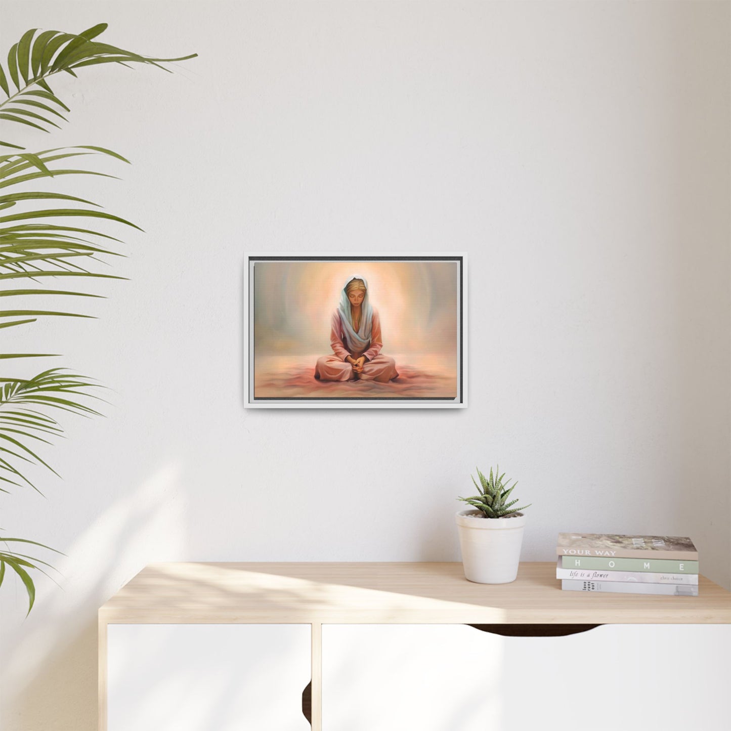 Stillness Framed Canvas Wall Art, Serene Meditation Decor, Spiritual Mindfulness Gift, Tranquil Room Accent, Woman Religious Art