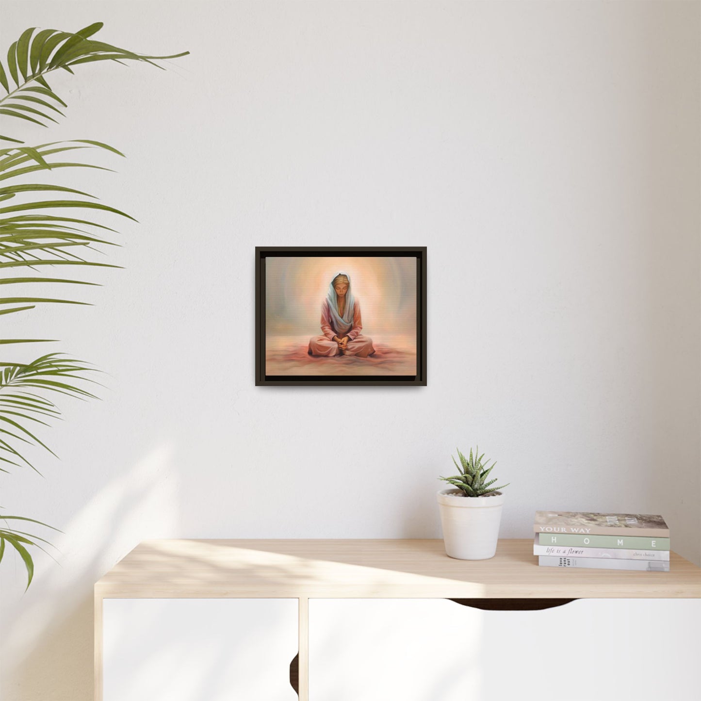 Stillness Framed Canvas Wall Art, Serene Meditation Decor, Spiritual Mindfulness Gift, Tranquil Room Accent, Woman Religious Art