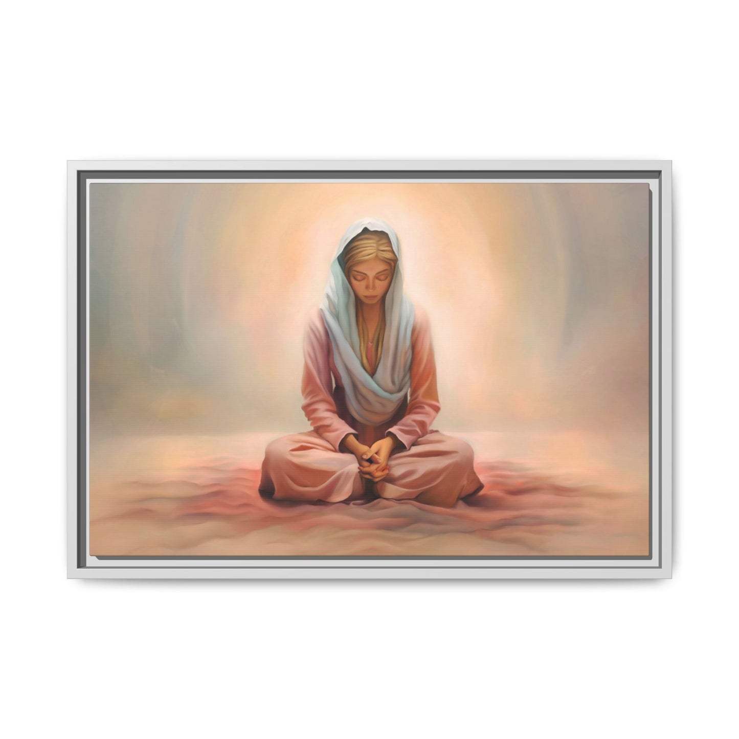 Stillness Framed Canvas Wall Art, Serene Meditation Decor, Spiritual Mindfulness Gift, Tranquil Room Accent, Woman Religious Art