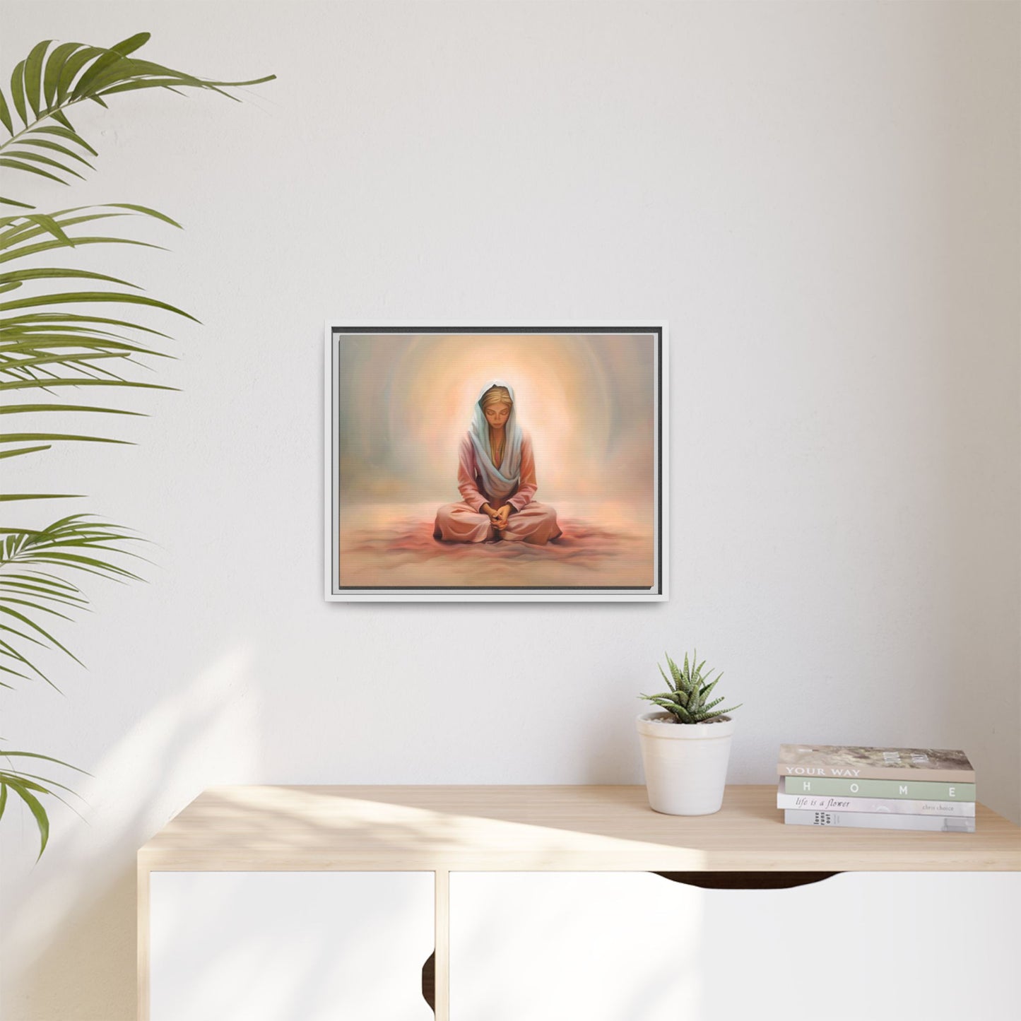 Stillness Framed Canvas Wall Art, Serene Meditation Decor, Spiritual Mindfulness Gift, Tranquil Room Accent, Woman Religious Art