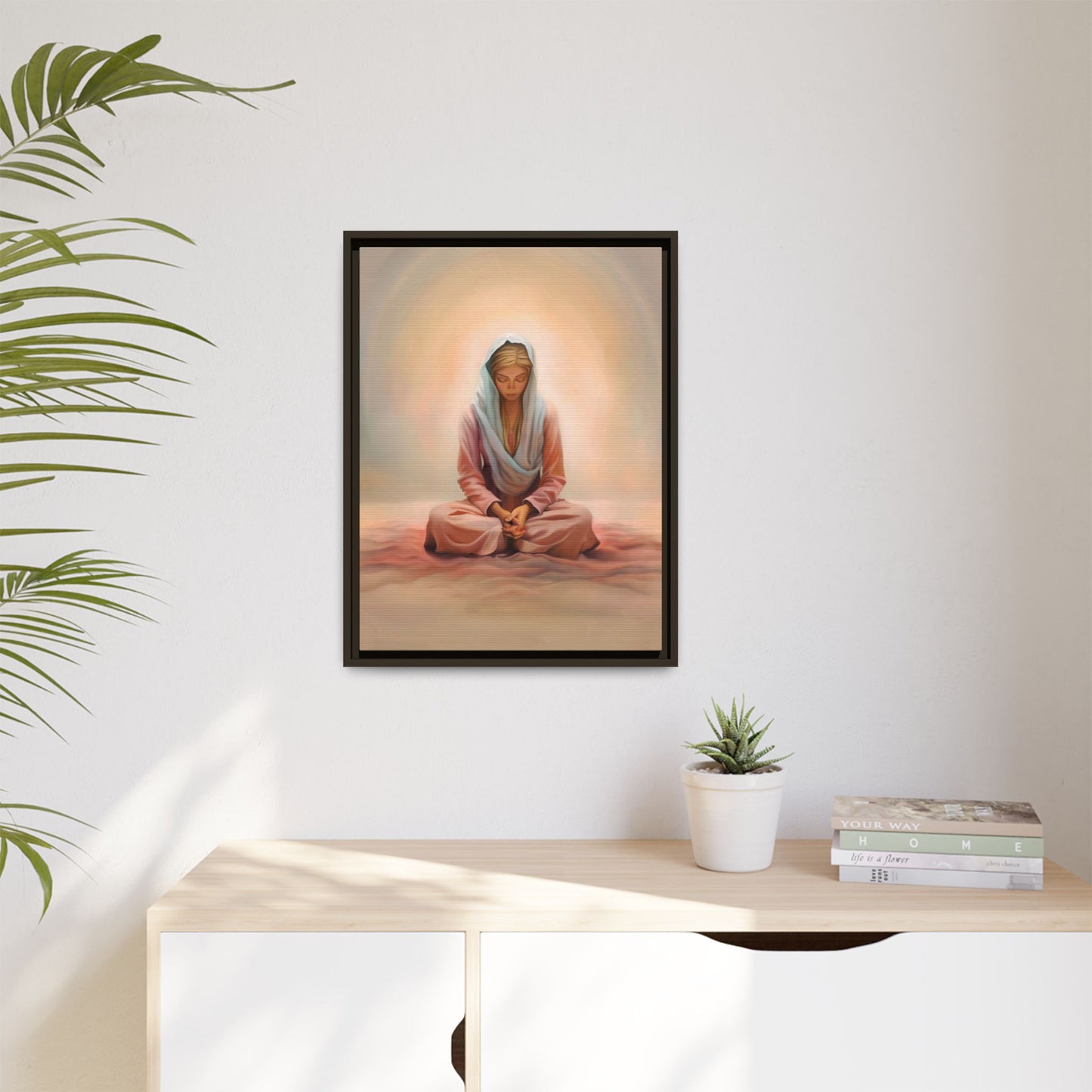 Stillness Framed Canvas Wall Art, Serene Meditation Decor, Spiritual Mindfulness Gift, Tranquil Room Accent, Woman Religious Art